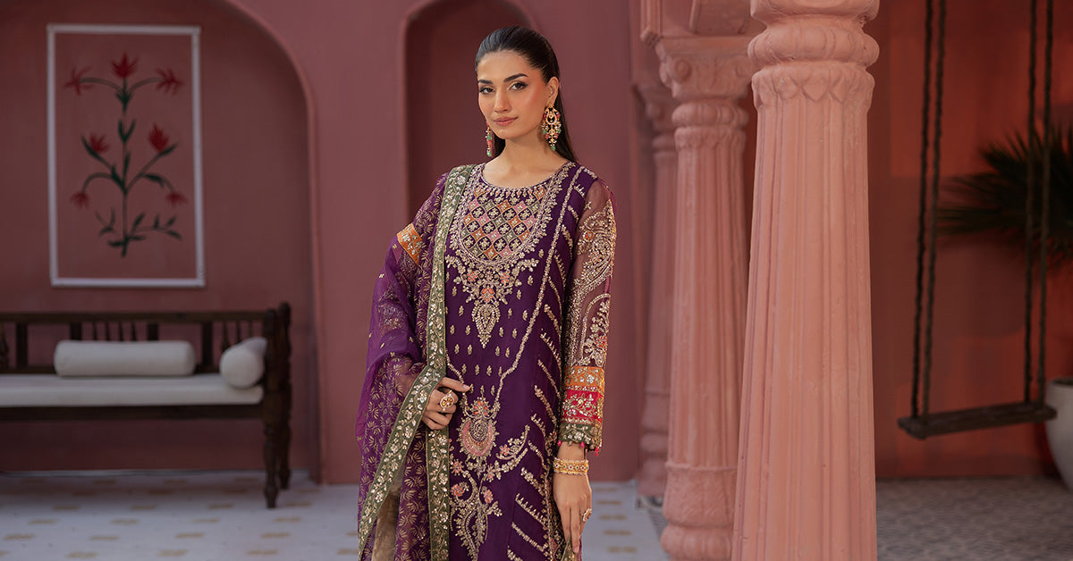 Pakistani Purple Embroidered Organza & Jamawar Sharara (3-Piece) - Image 8