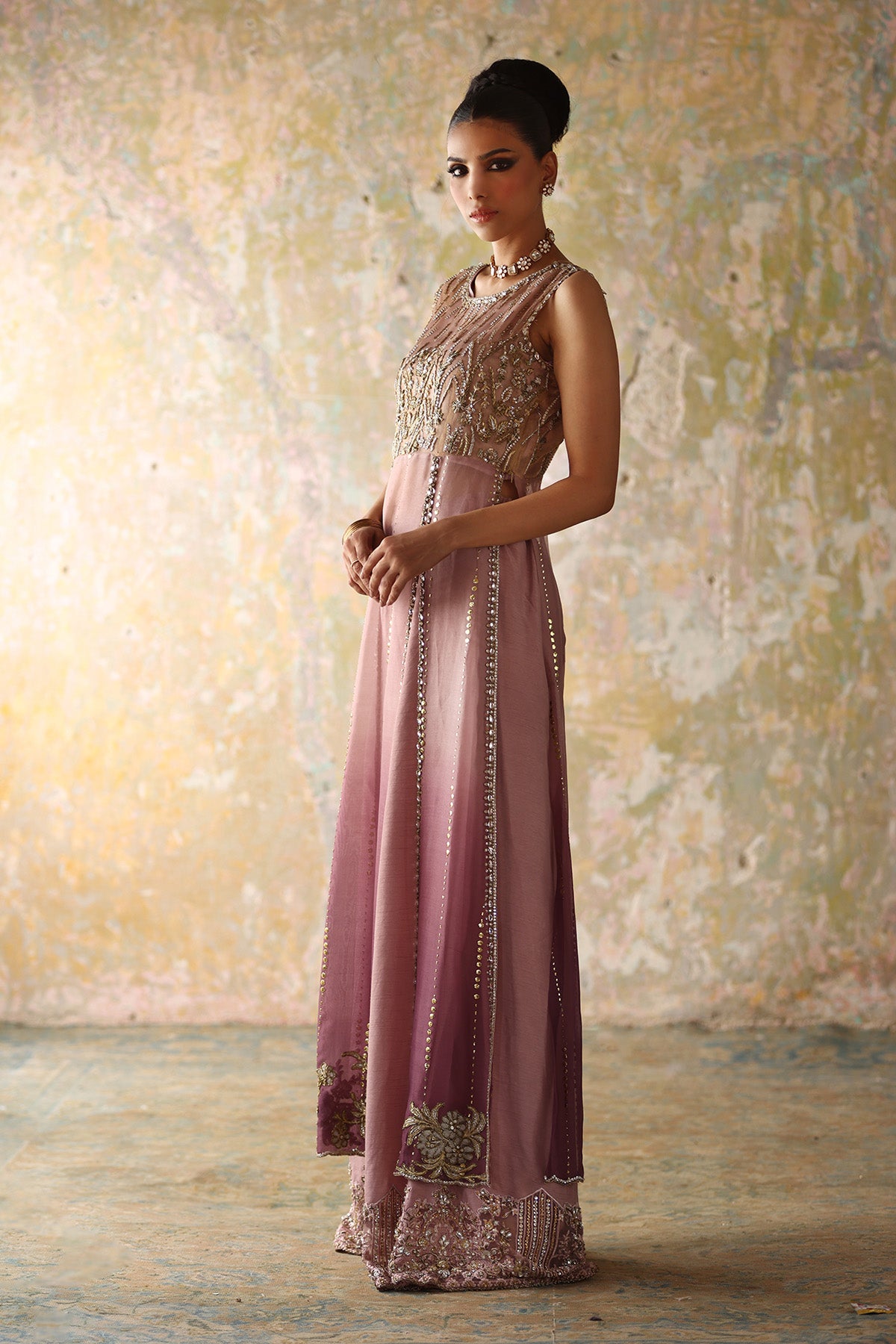 Purple Gradient Embellished Organza Mukesh Sharara (2-Piece) - Image 1