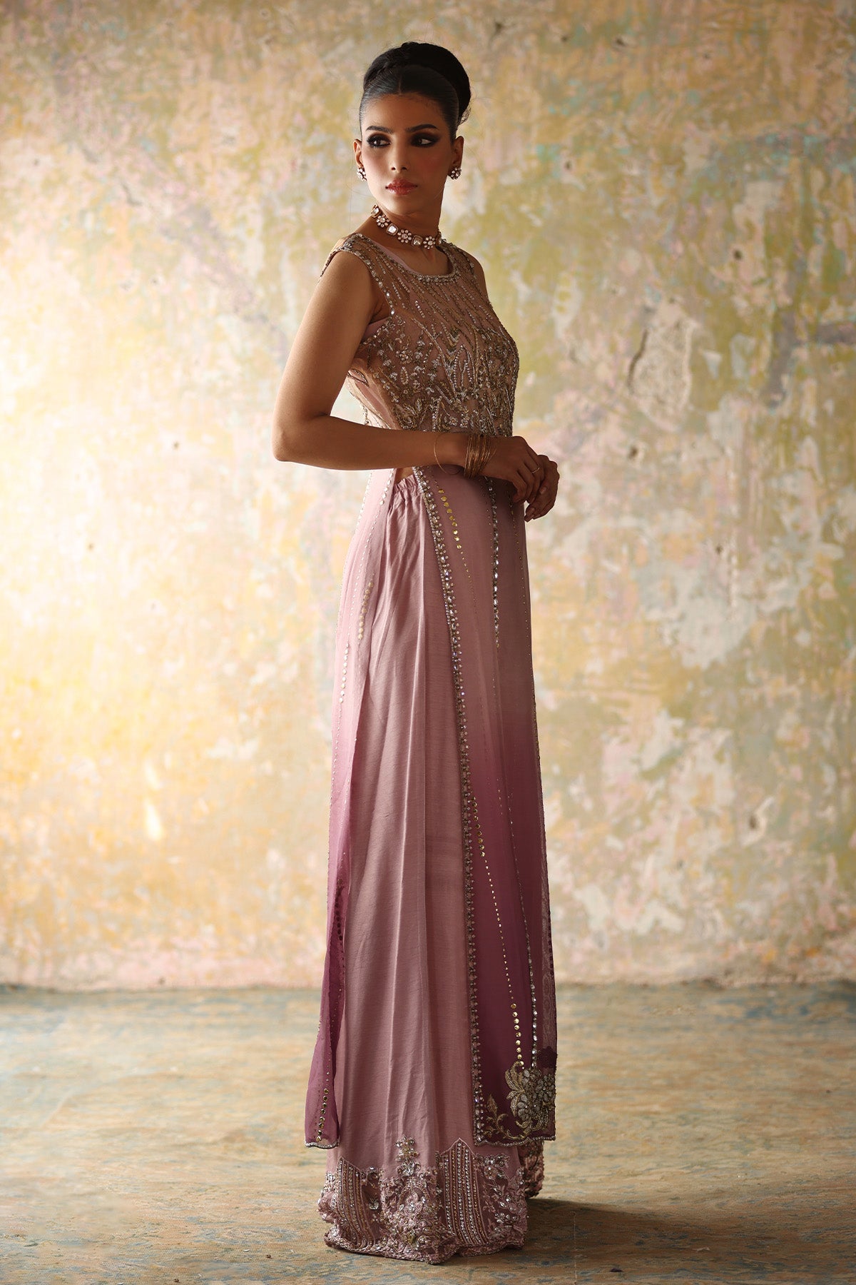 Purple Gradient Embellished Organza Mukesh Sharara (2-Piece) - Image 2