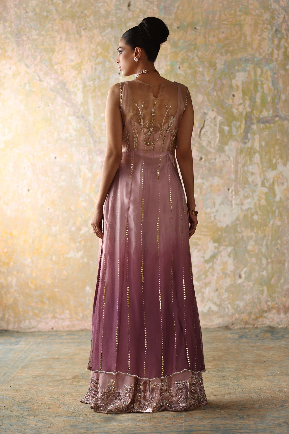 Purple Gradient Embellished Organza Mukesh Sharara (2-Piece) - Image 3