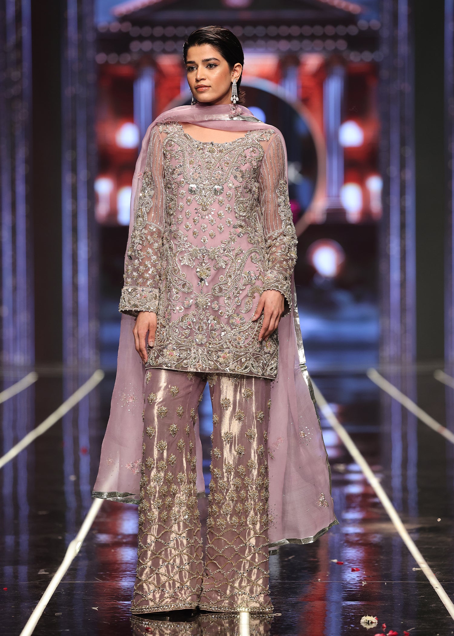 Pakistani Lavender Naqshi Dabka Tilla Organza Sharara (3-Piece) - Image 1