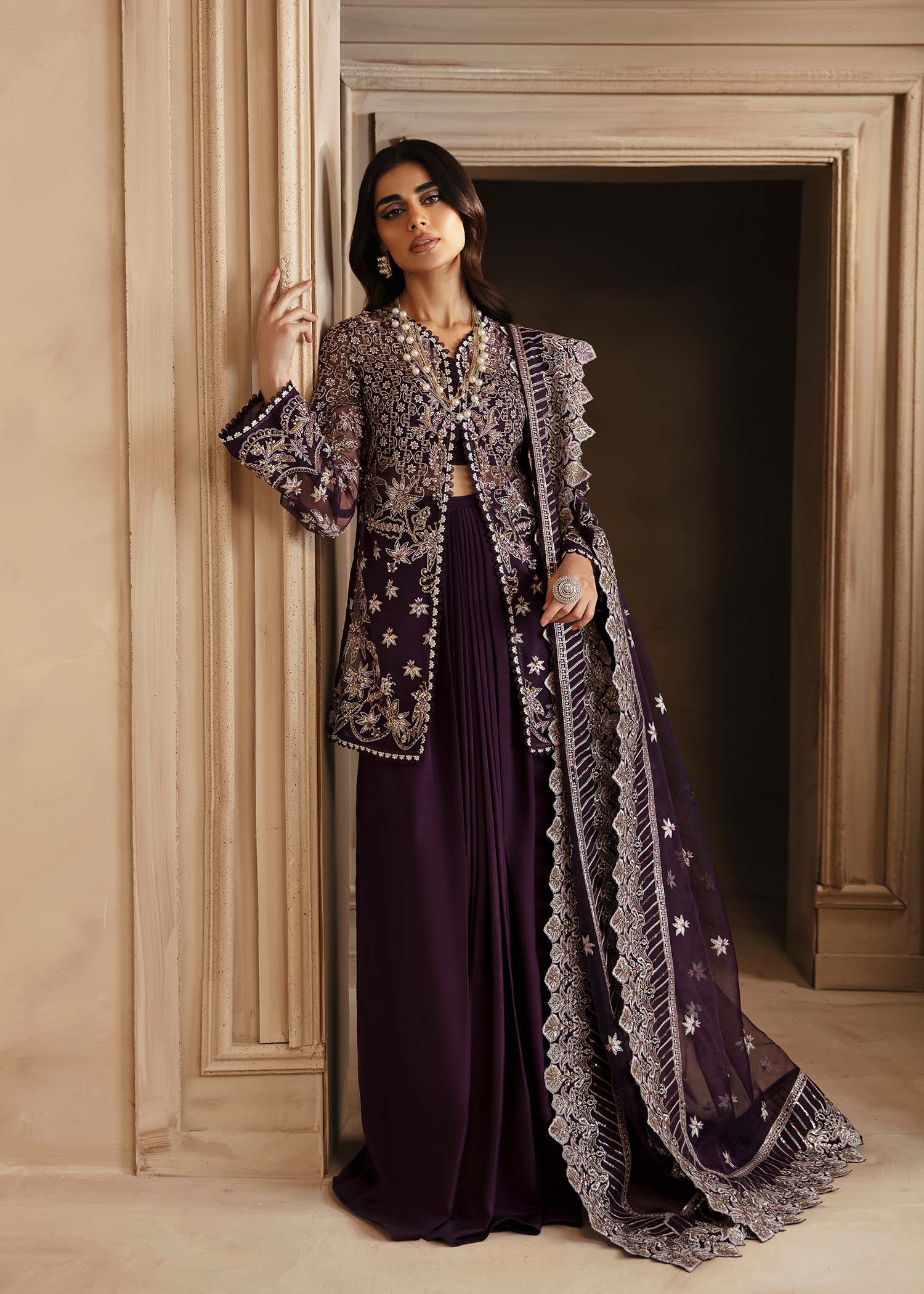 Pakistani Deep Plum Hand-Embellished Organza Sharara (3-Piece) - Image 2