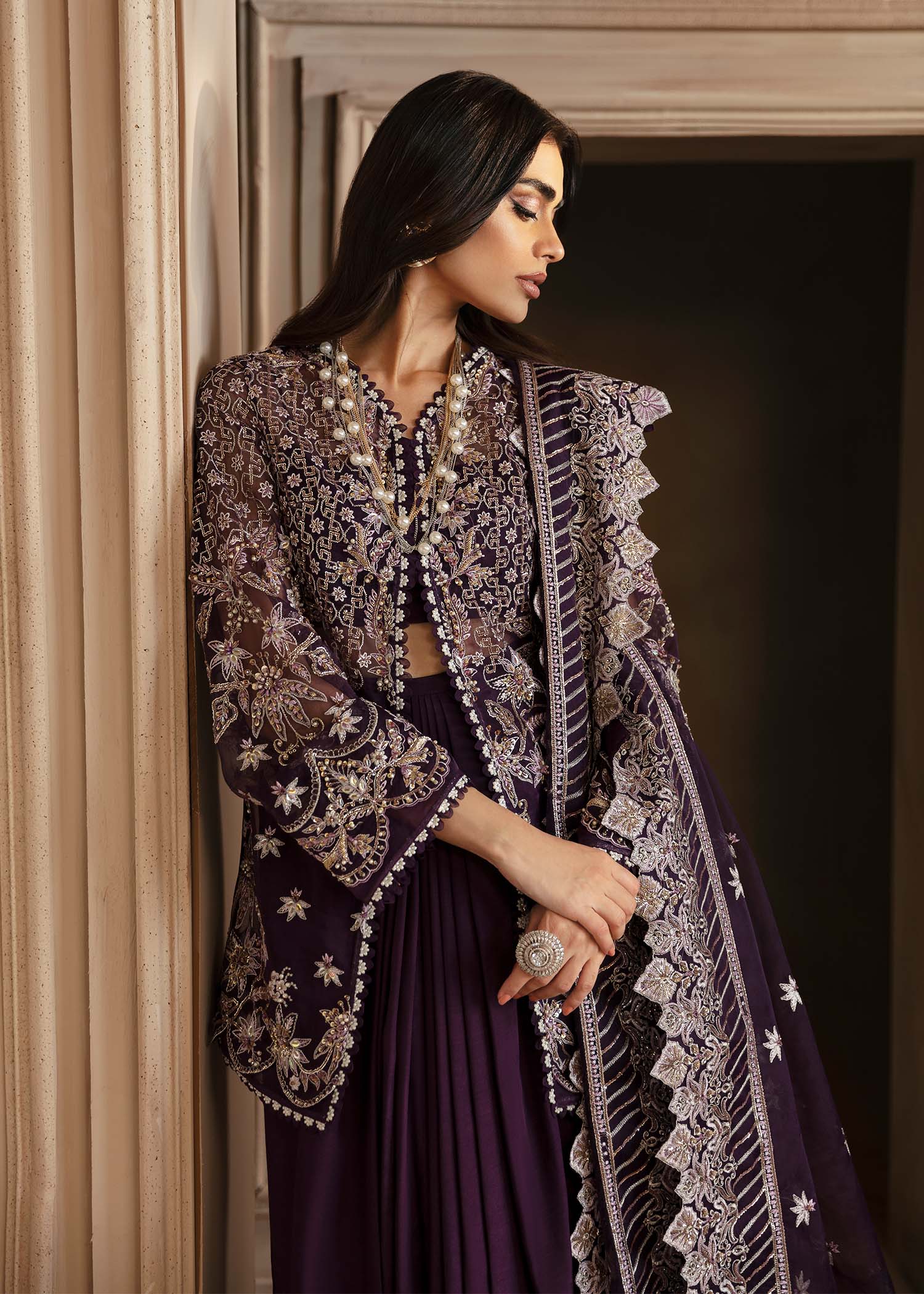 Pakistani Deep Plum Hand-Embellished Organza Sharara (3-Piece) - Image 3