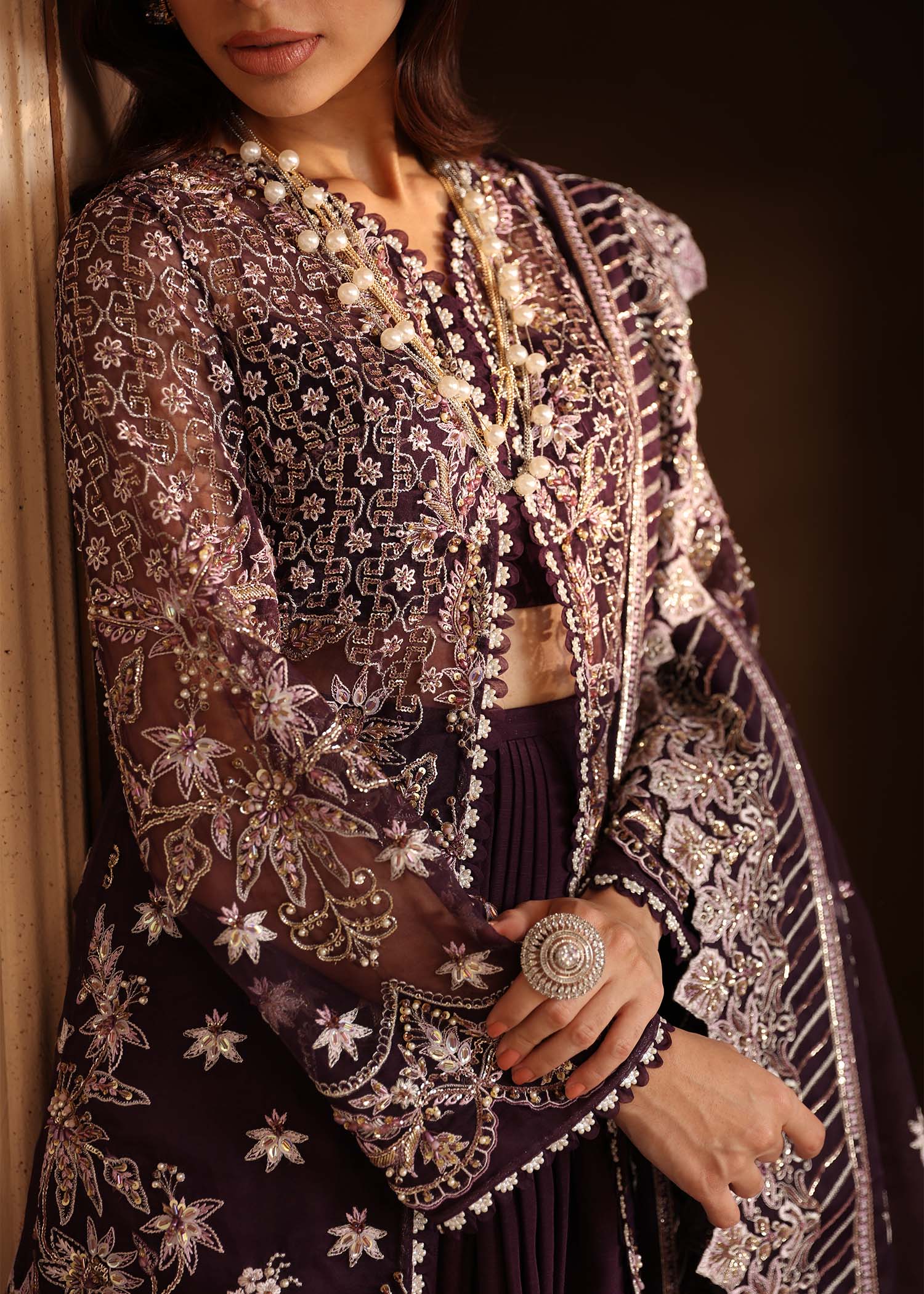 Pakistani Deep Plum Hand-Embellished Organza Sharara (3-Piece) - Image 4