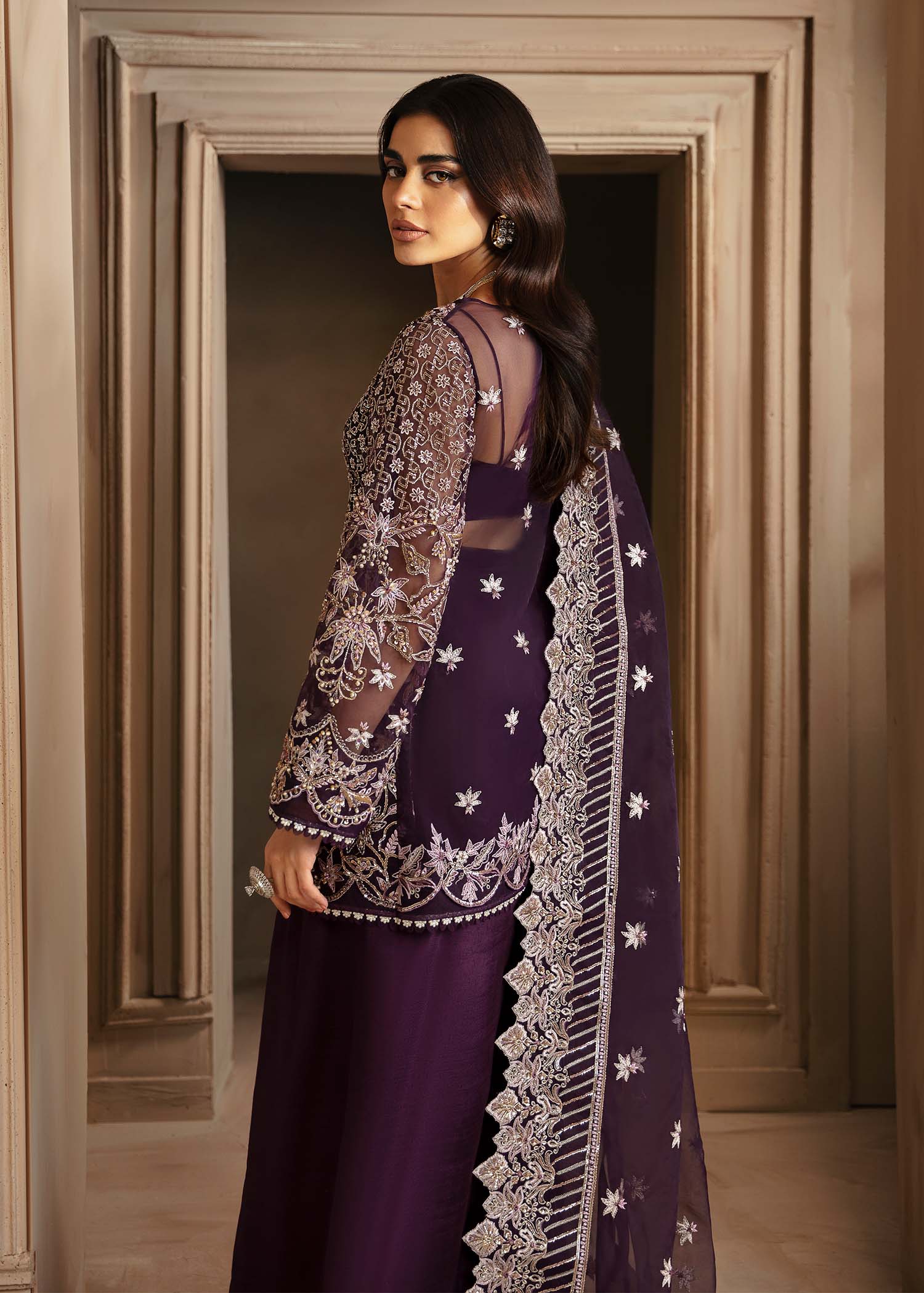 Pakistani Deep Plum Hand-Embellished Organza Sharara (3-Piece) - Image 7