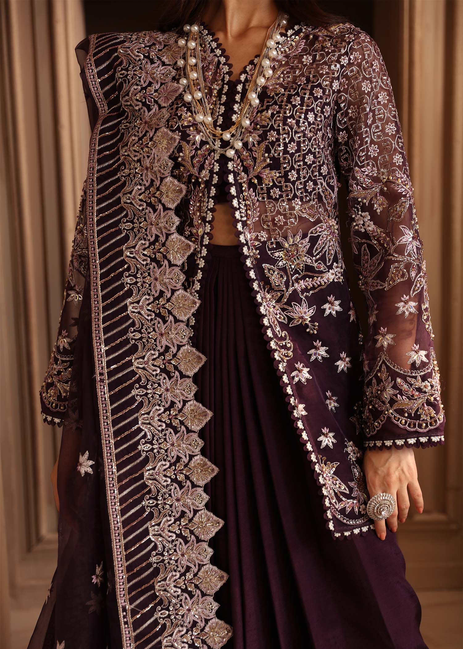 Pakistani Deep Plum Hand-Embellished Organza Sharara (3-Piece) - Image 8