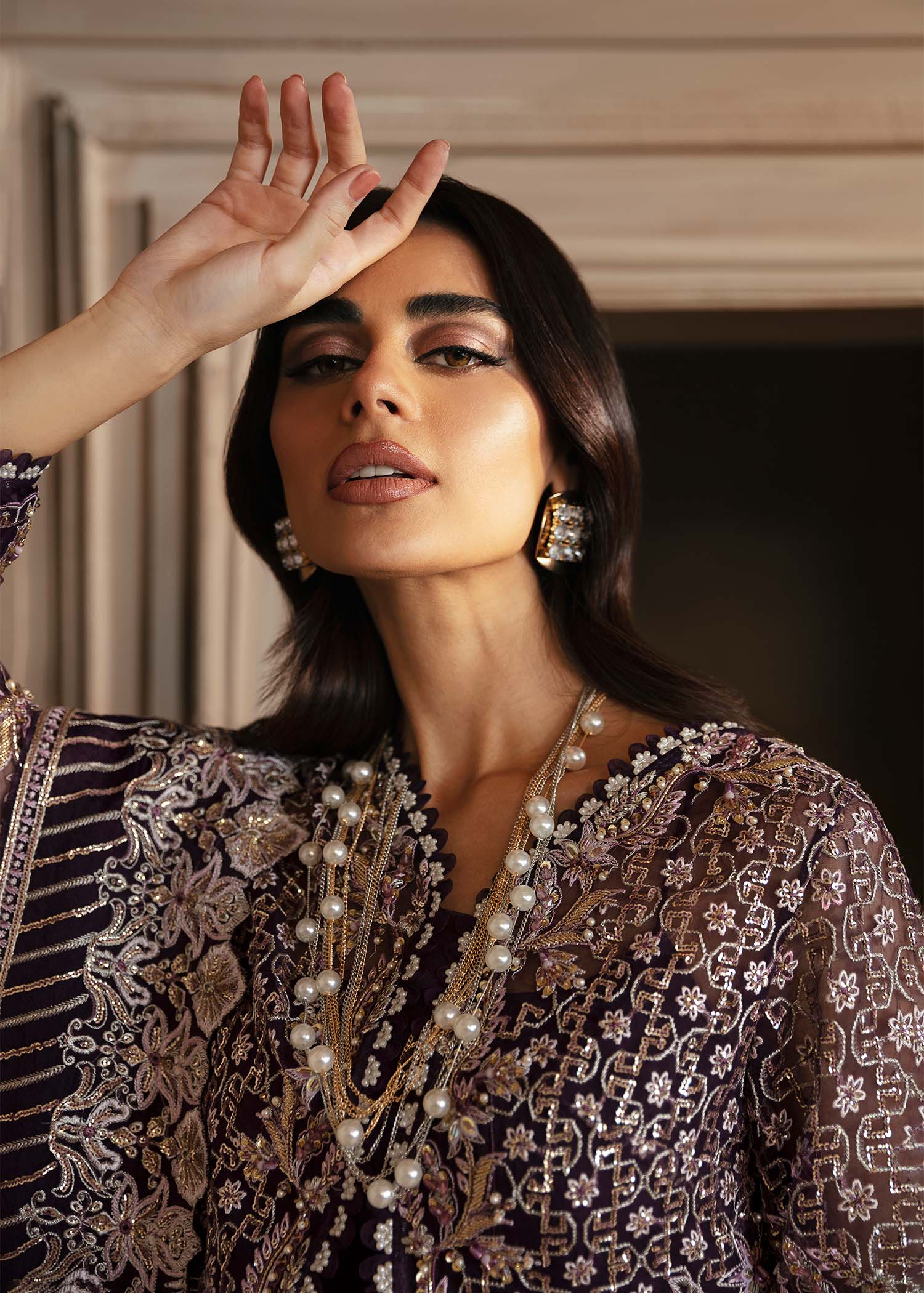 Pakistani Deep Plum Hand-Embellished Organza Sharara (3-Piece) - Image 9