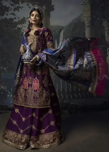 Pakistani Plum Block Printed Raw Silk Sharara (3-Piece) - Image 1