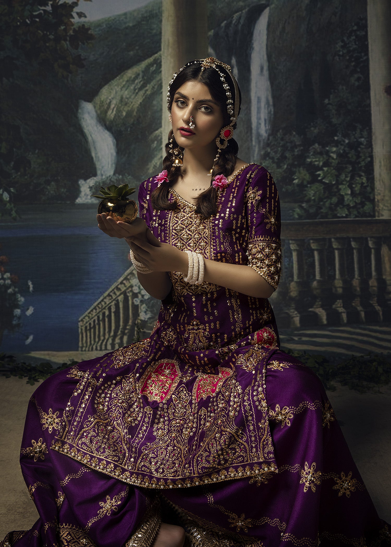 Pakistani Plum Block Printed Raw Silk Sharara (3-Piece) - Image 2