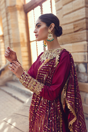 Pakistani Plum Embroidered Raw Silk Kalidaar Sharara (3-Piece) - Image 4