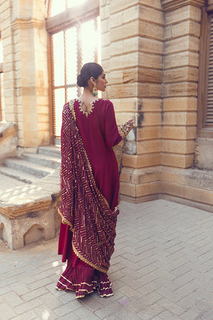 Pakistani Plum Embroidered Raw Silk Kalidaar Sharara (3-Piece) - Image 5