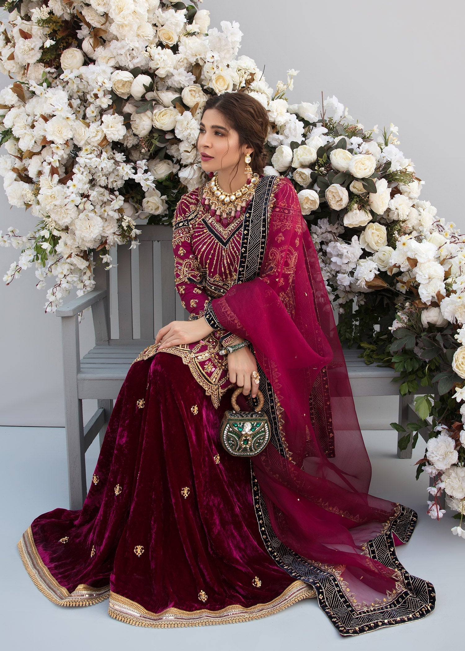 Plum Embroidered Rawsilk & Velvet Sharara (3-Piece) - Image 7
