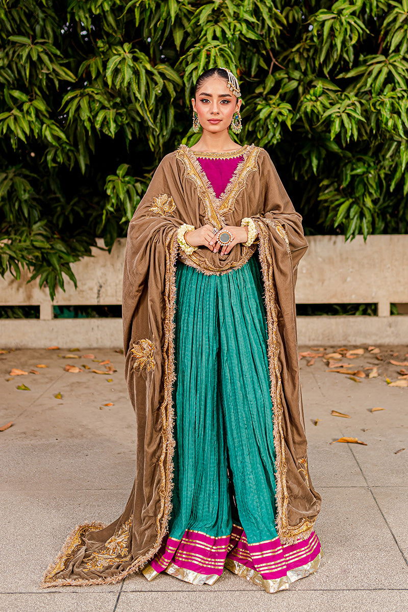 Pakistani Plum Embroidered Silk Sharara with Velvet Shawl (3-Piece) - Image 1