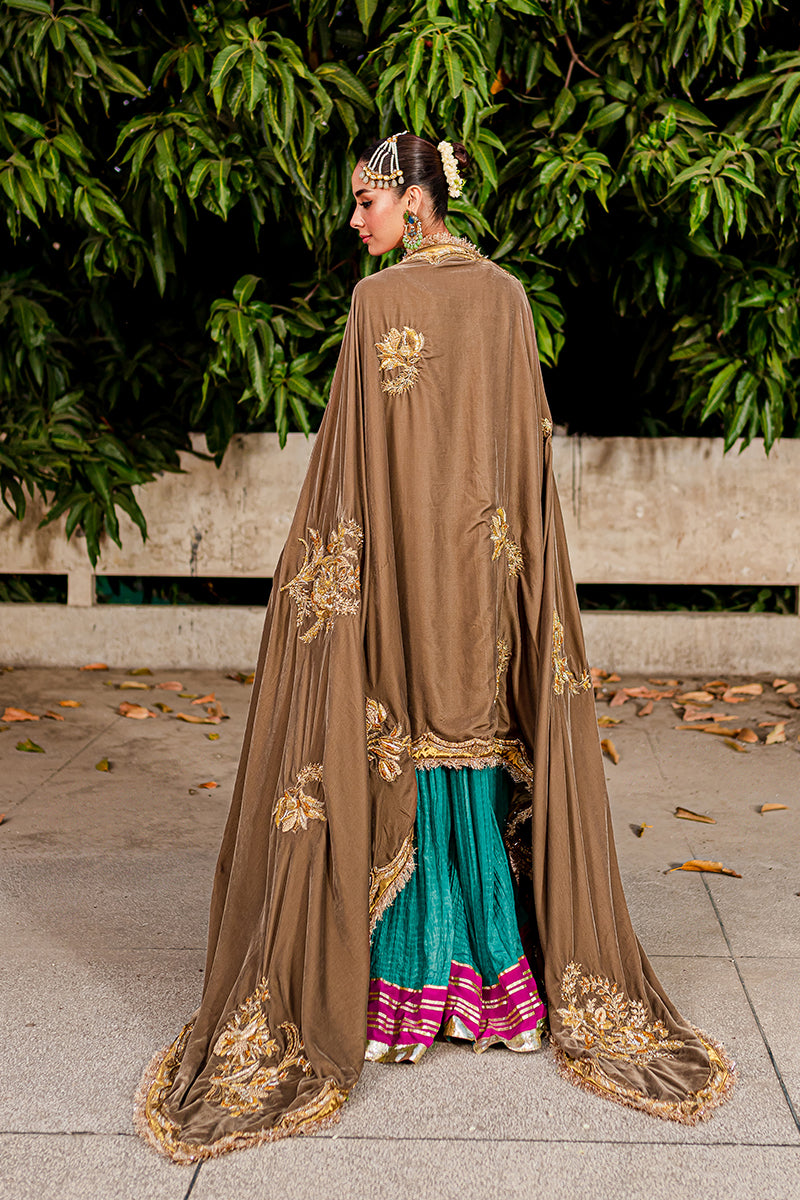 Pakistani Plum Embroidered Silk Sharara with Velvet Shawl (3-Piece) - Image 2