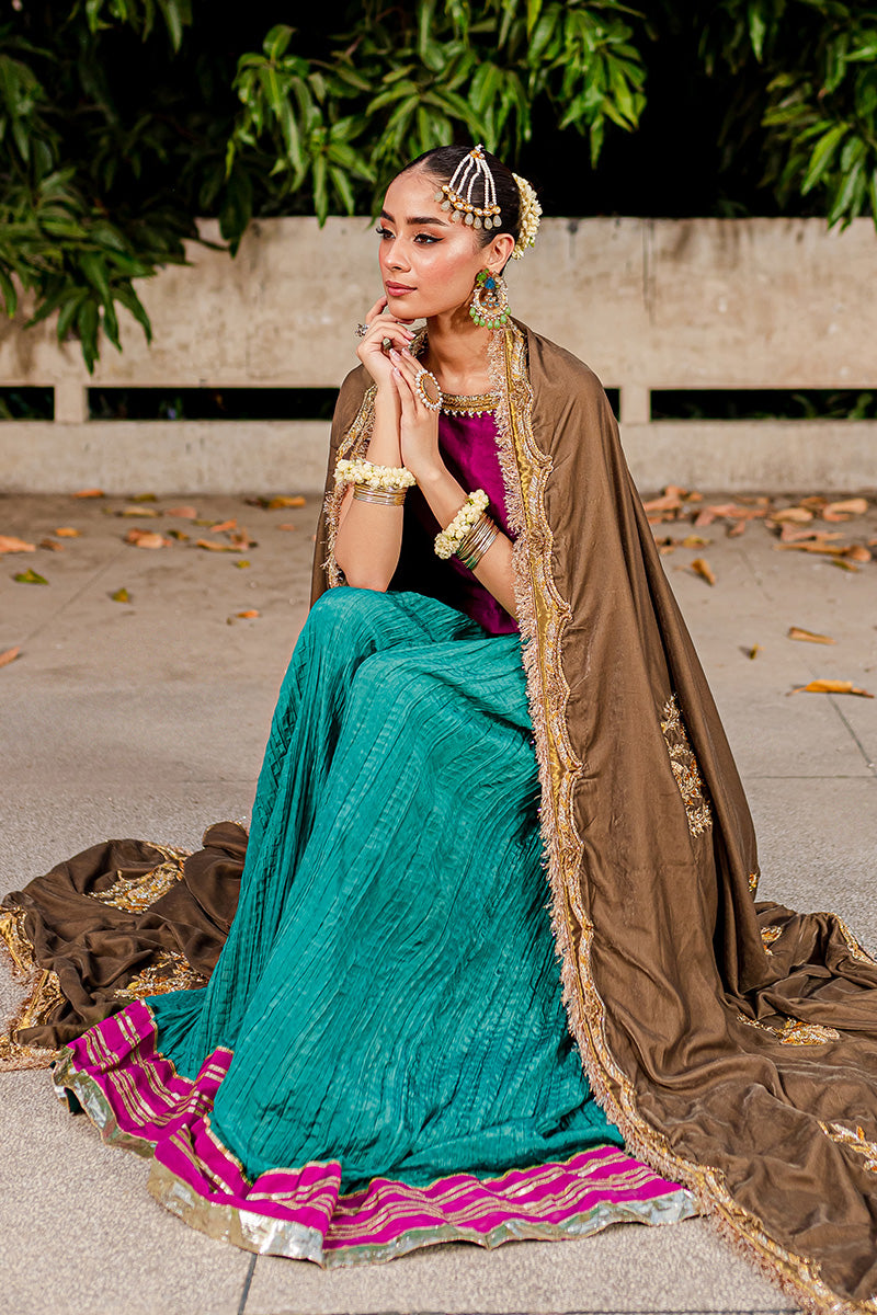 Pakistani Plum Embroidered Silk Sharara with Velvet Shawl (3-Piece) - Image 3