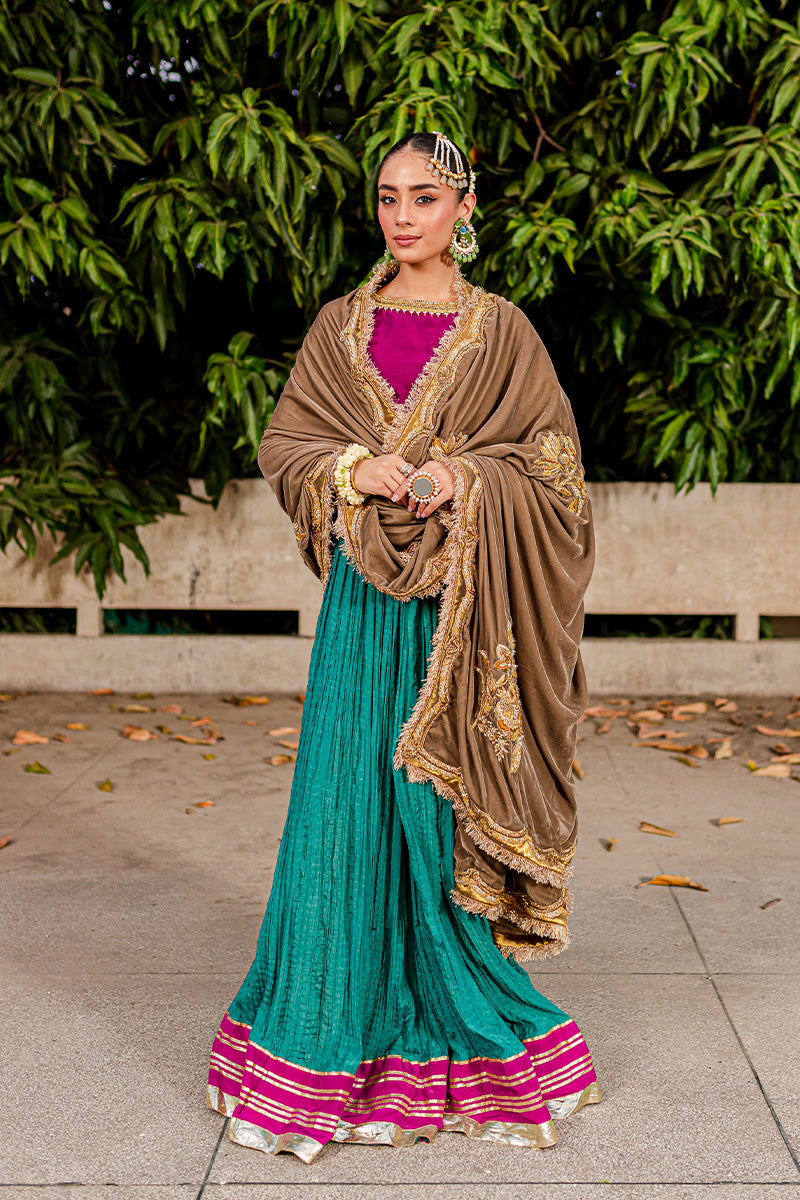 Pakistani Plum Embroidered Silk Sharara with Velvet Shawl (3-Piece) - Image 4