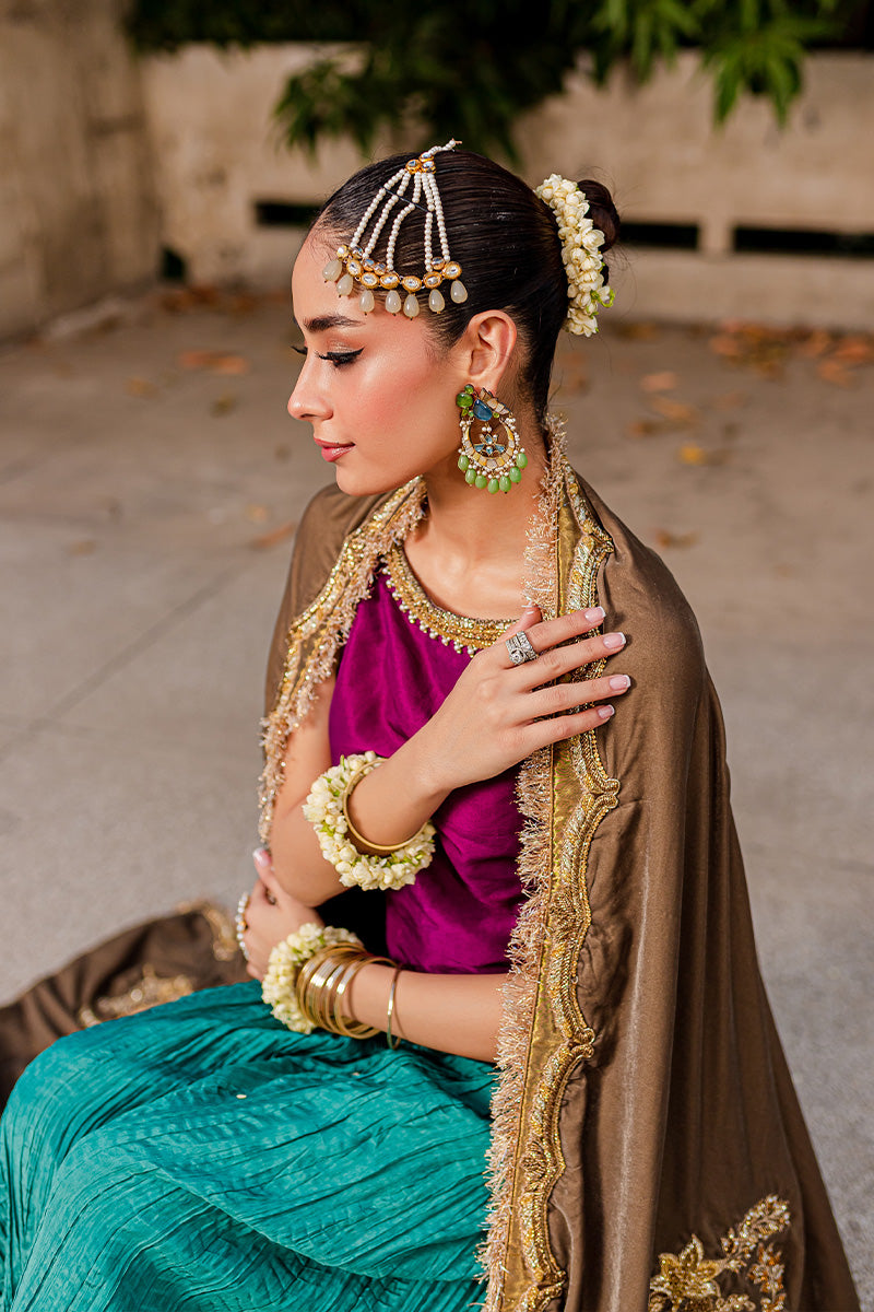 Pakistani Plum Embroidered Silk Sharara with Velvet Shawl (3-Piece) - Image 7