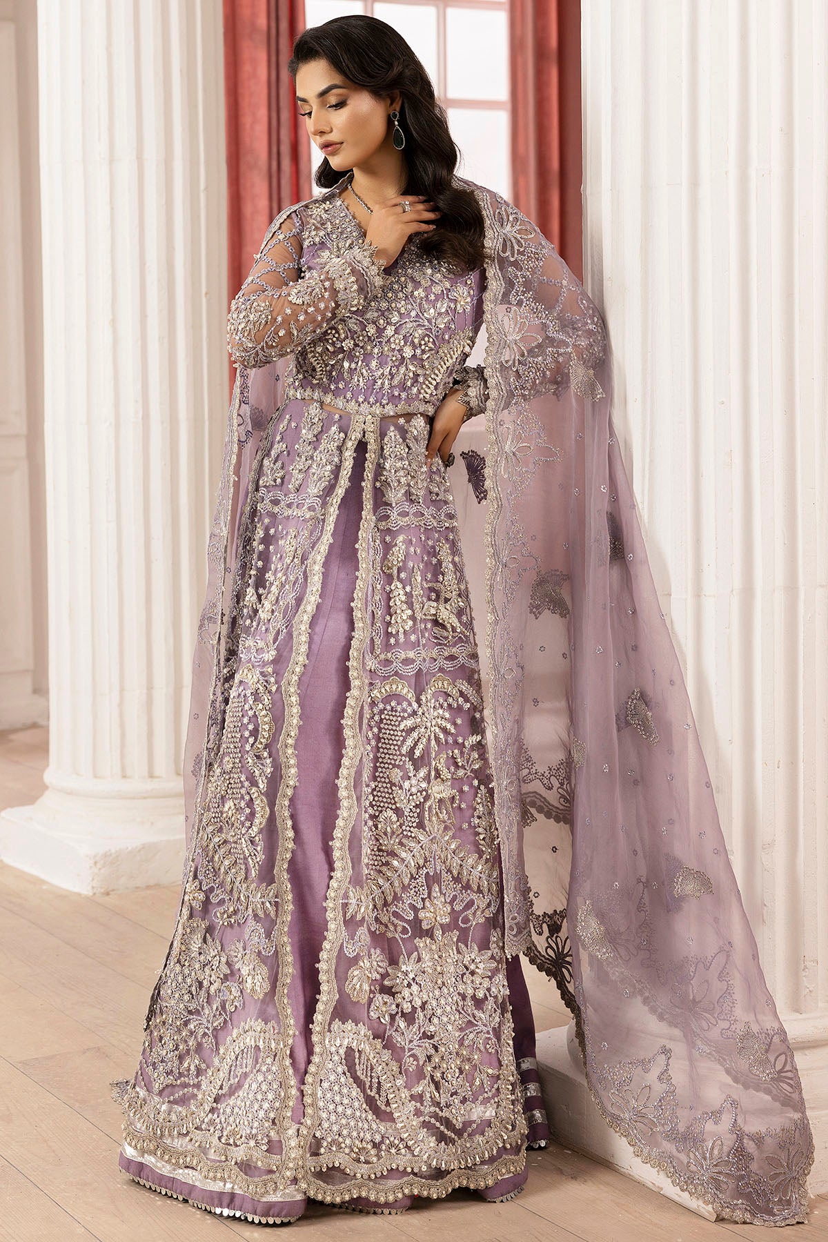 Pakistani Lilac Hand-Embellished Silk Net Sharara (3-Piece) - Image 2