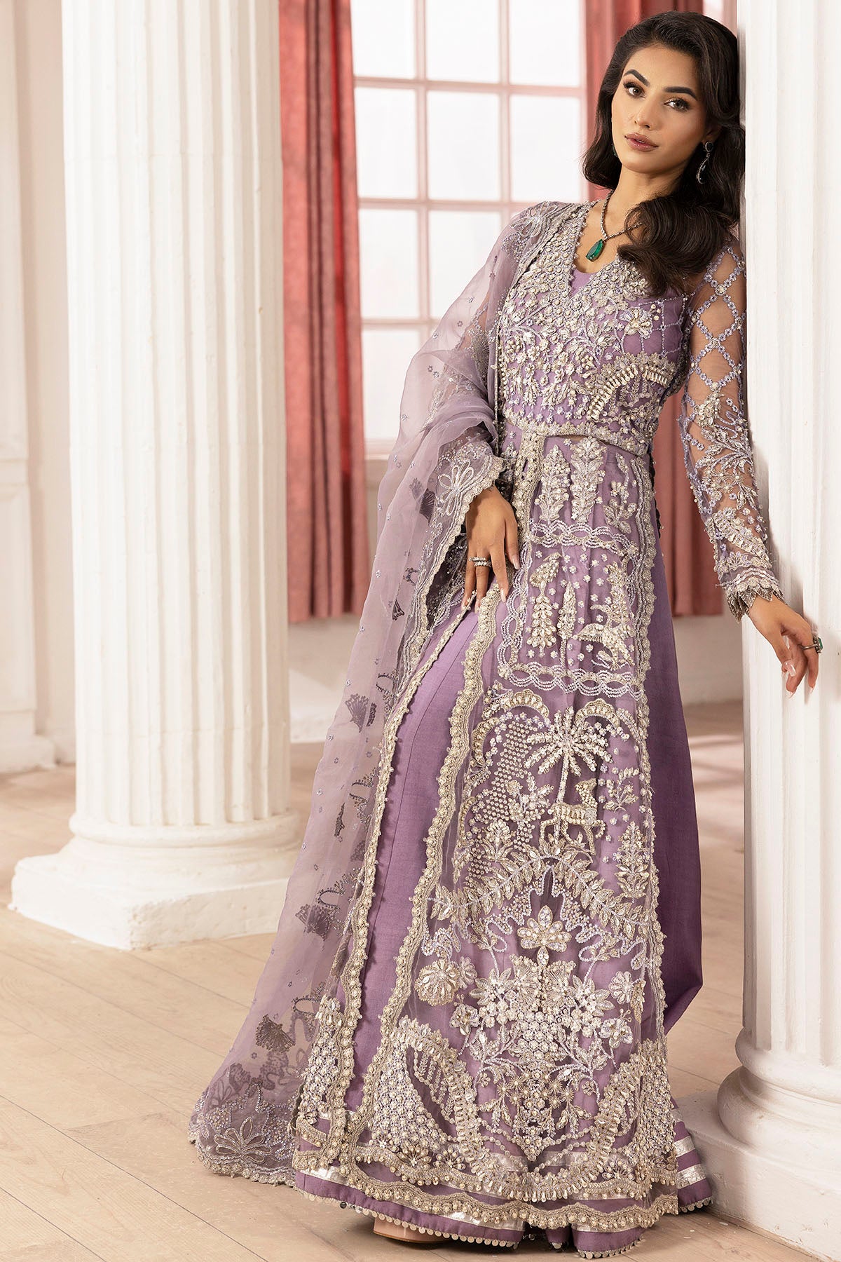 Pakistani Lilac Hand-Embellished Silk Net Sharara (3-Piece) - Image 3