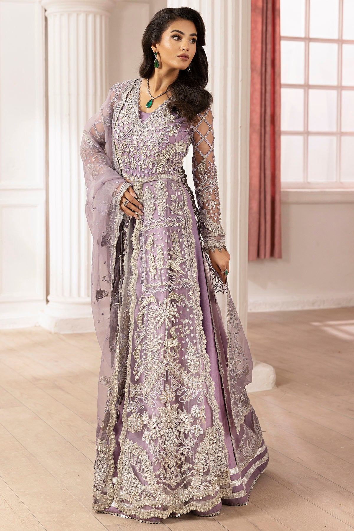 Pakistani Lilac Hand-Embellished Silk Net Sharara (3-Piece) - Image 4