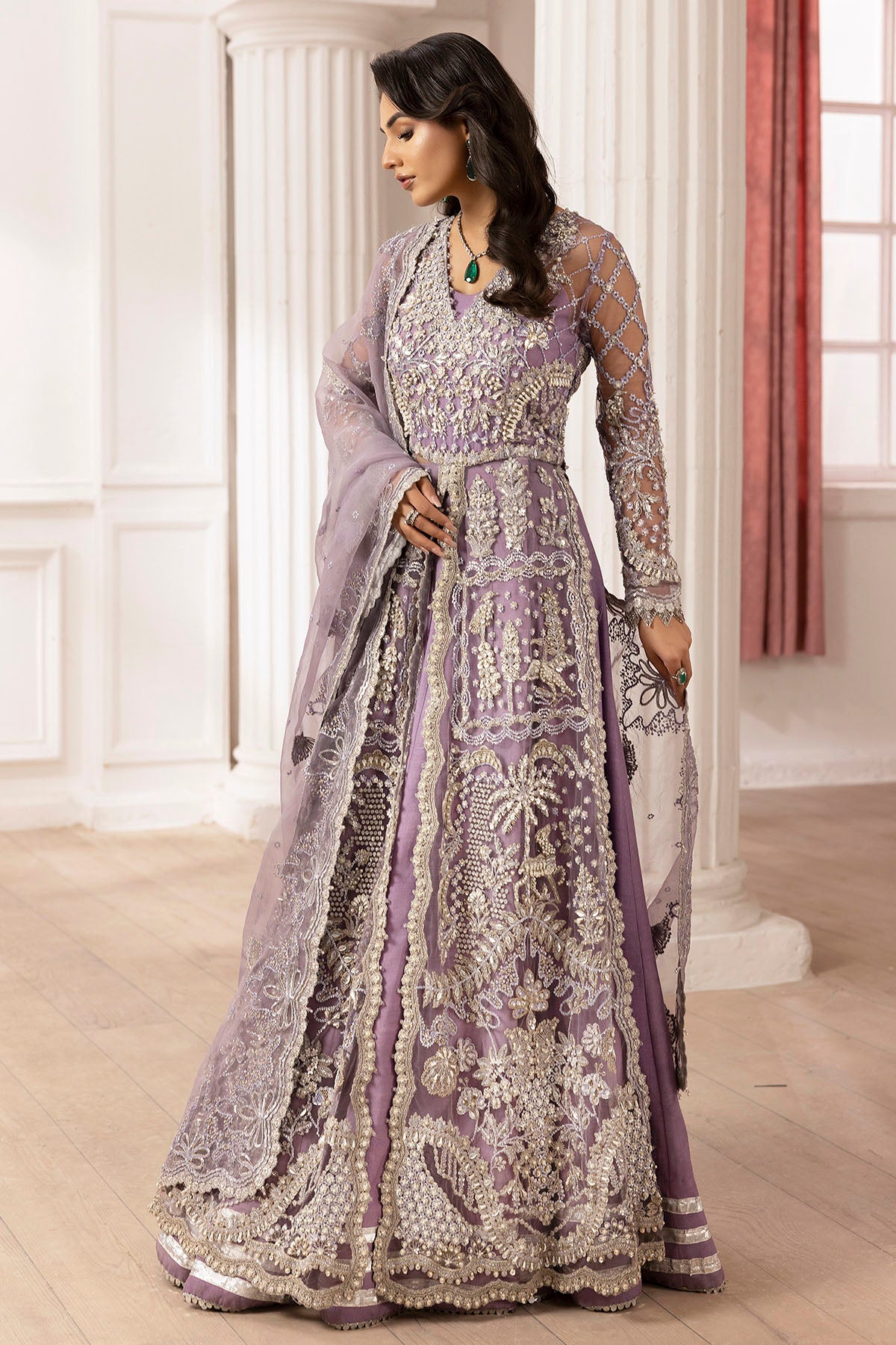Pakistani Lilac Hand-Embellished Silk Net Sharara (3-Piece) - Image 5
