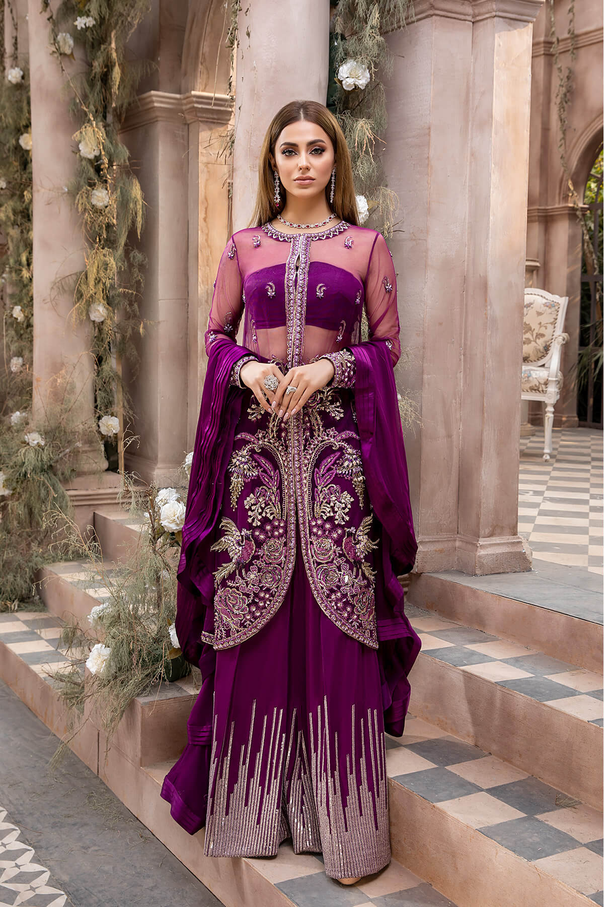 Pakistani Deep Purple Embroidered Net Chiffon Silk Sharara (4-Piece) - Image 1