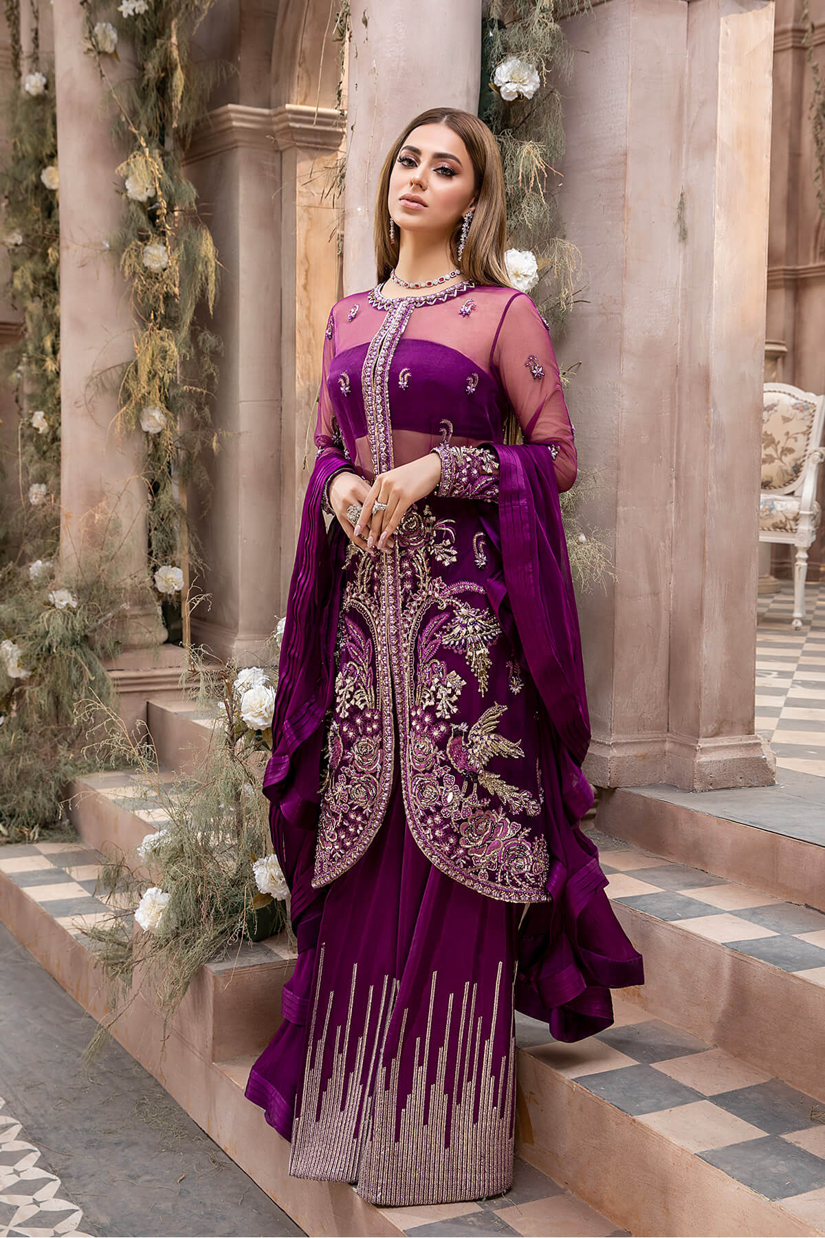 Pakistani Deep Purple Embroidered Net Chiffon Silk Sharara (4-Piece) - Image 2