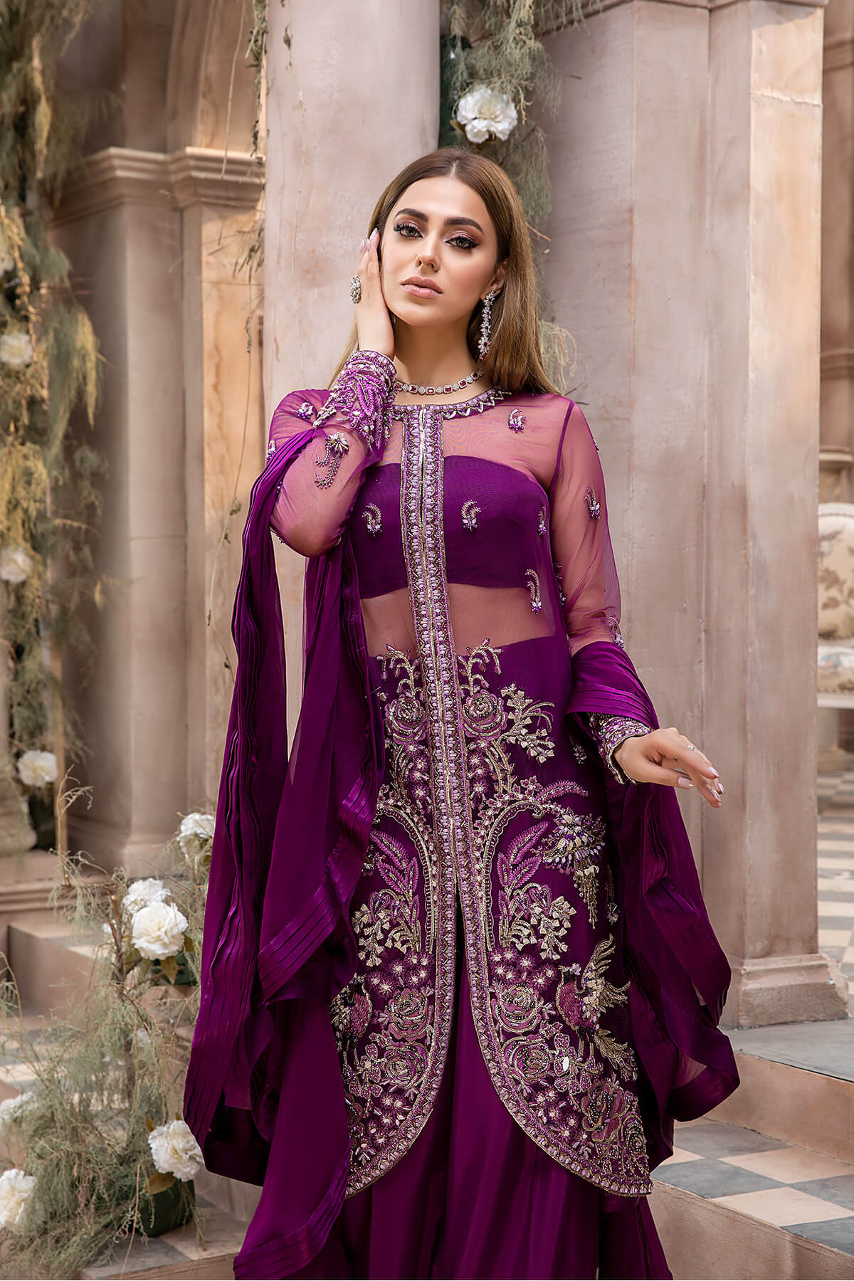 Pakistani Deep Purple Embroidered Net Chiffon Silk Sharara (4-Piece) - Image 3