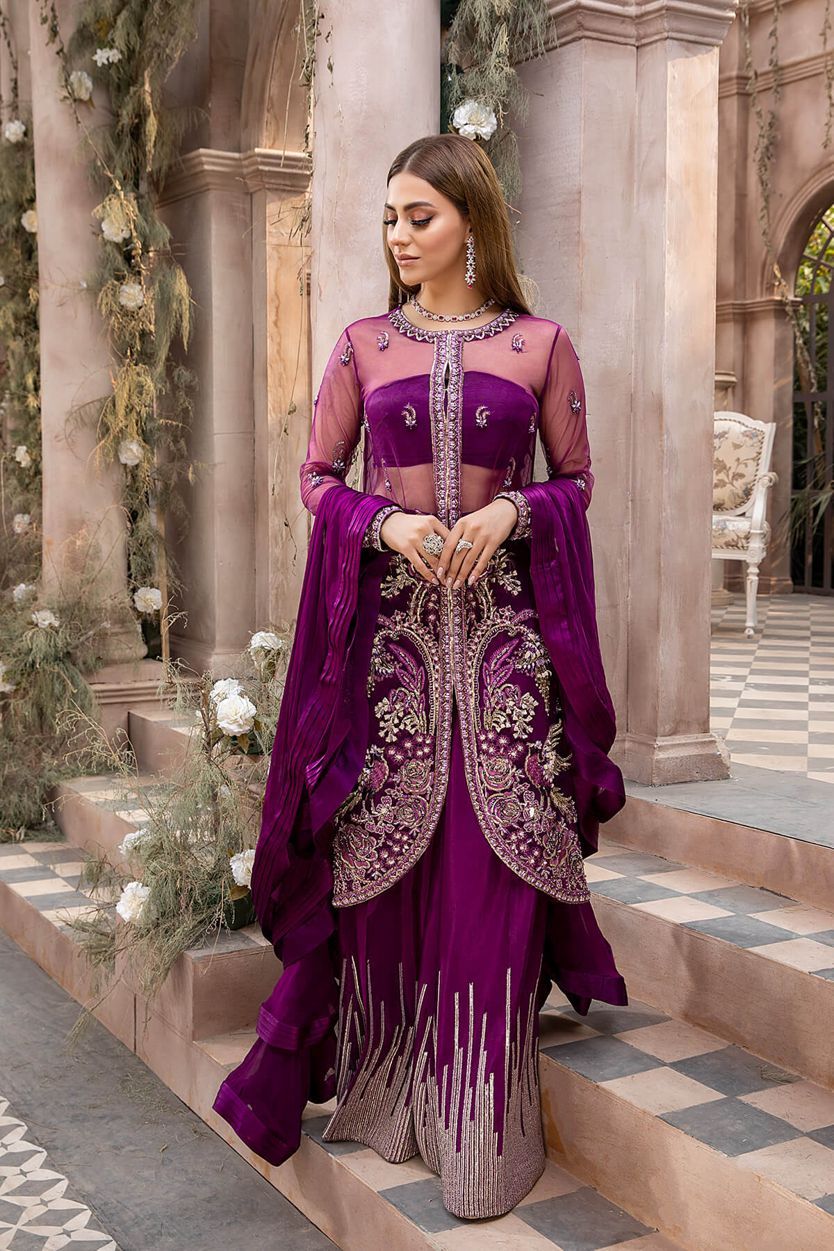Pakistani Deep Purple Embroidered Net Chiffon Silk Sharara (4-Piece) - Image 4