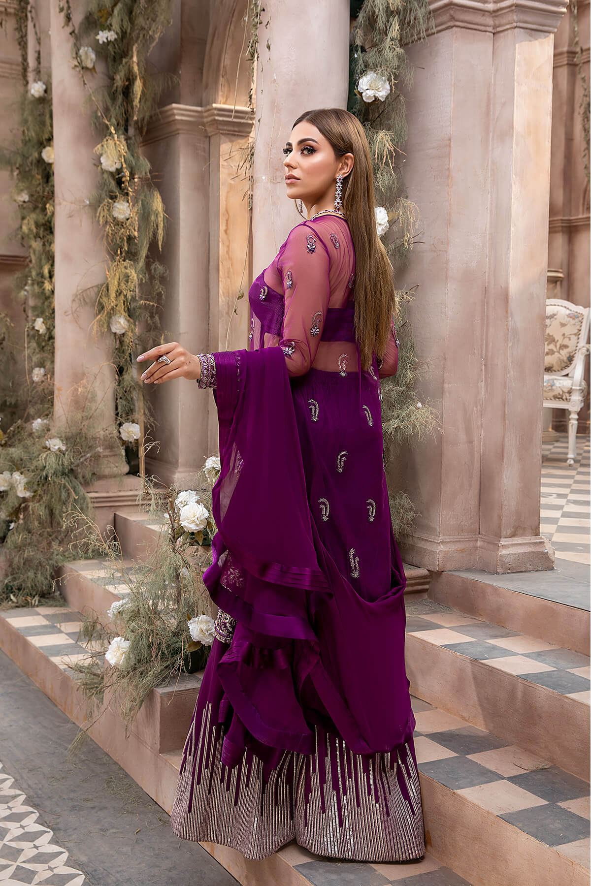 Pakistani Deep Purple Embroidered Net Chiffon Silk Sharara (4-Piece) - Image 6