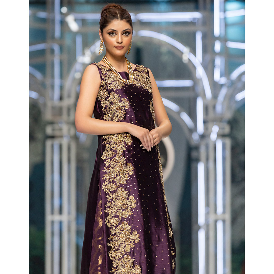 Pakistani Aubergine Hand-Embellished Pure Tissue Silk Sharara (3-Piece) - Image 4