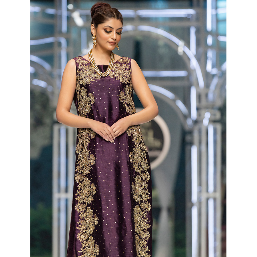 Pakistani Aubergine Hand-Embellished Pure Tissue Silk Sharara (3-Piece) - Image 5