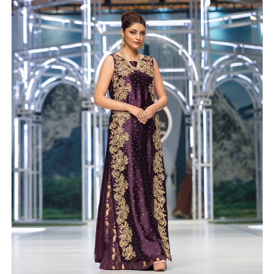 Pakistani Aubergine Hand-Embellished Pure Tissue Silk Sharara (3-Piece) - Image 6