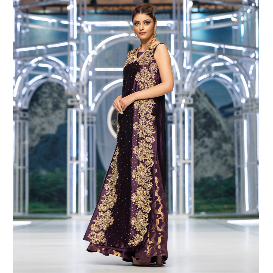 Pakistani Aubergine Hand-Embellished Pure Tissue Silk Sharara (3-Piece) - Image 7