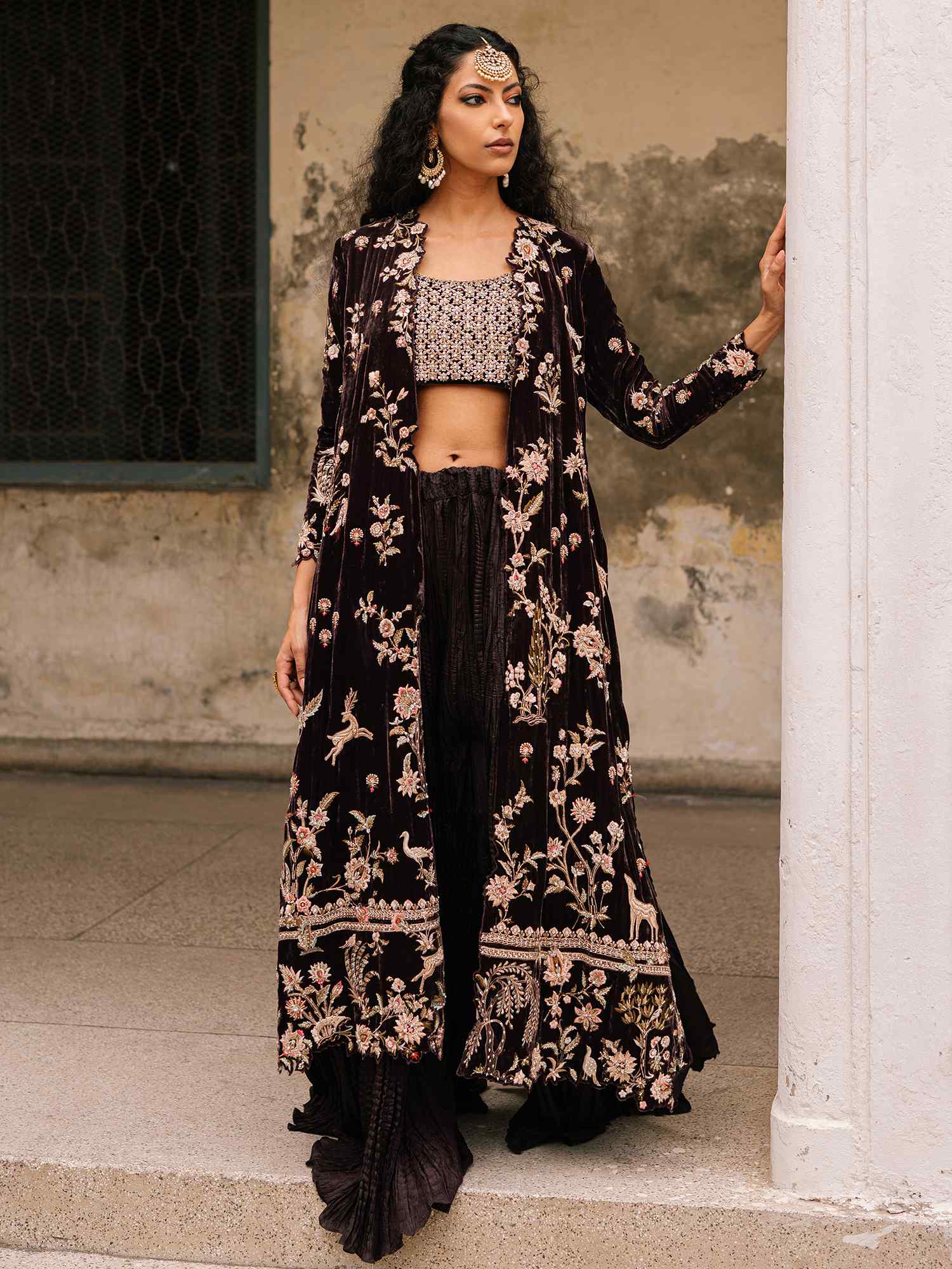 Pakistani Plum Violet Zardozi Velvet & Silk Sharara (3-Piece) - Image 1