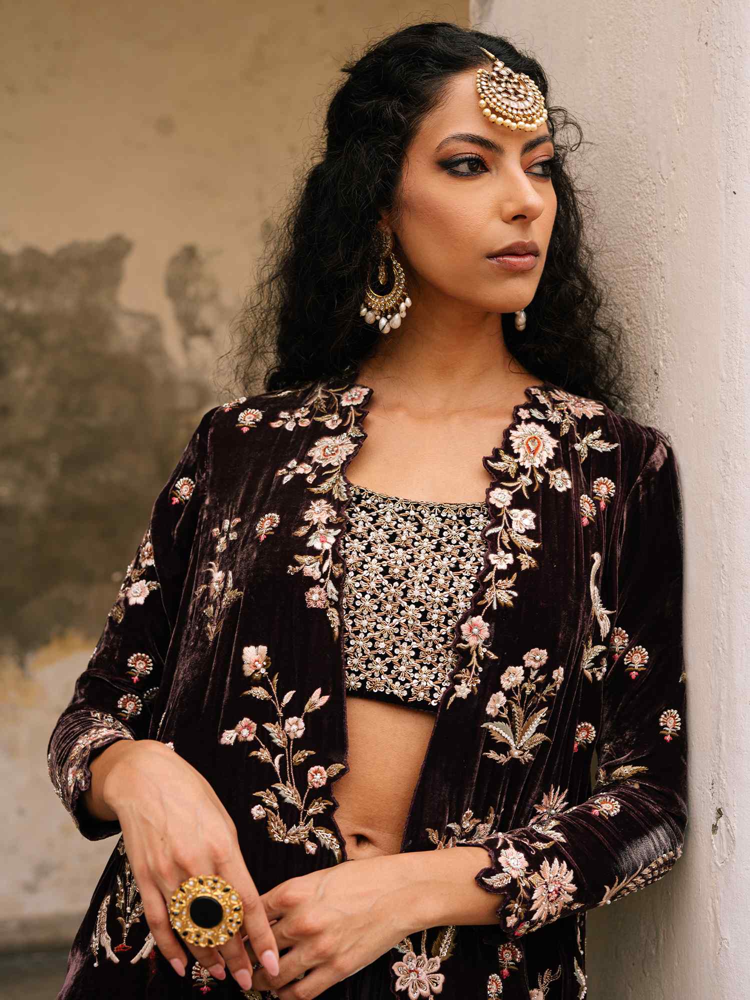 Pakistani Plum Violet Zardozi Velvet & Silk Sharara (3-Piece) - Image 2