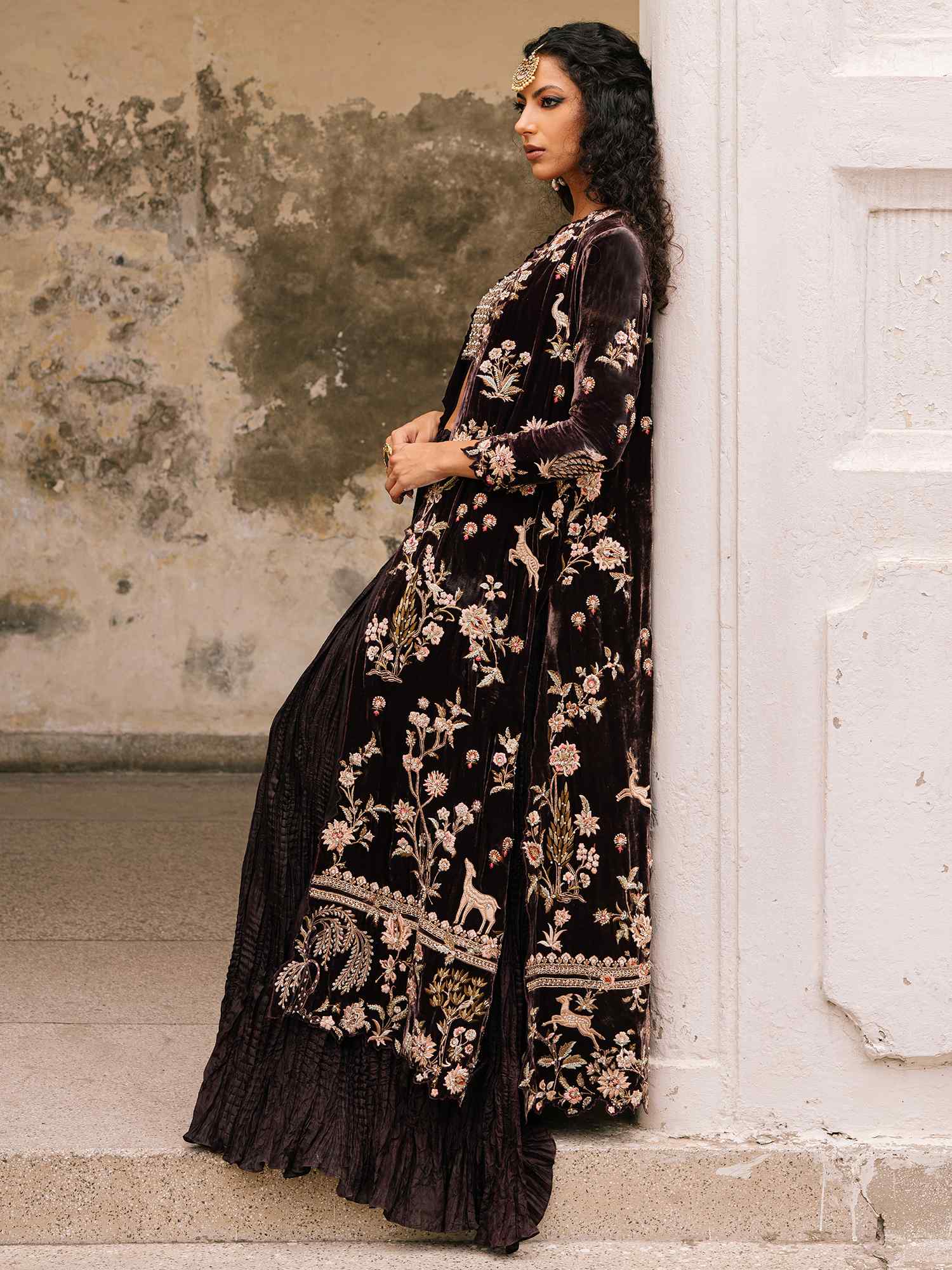 Pakistani Plum Violet Zardozi Velvet & Silk Sharara (3-Piece) - Image 4