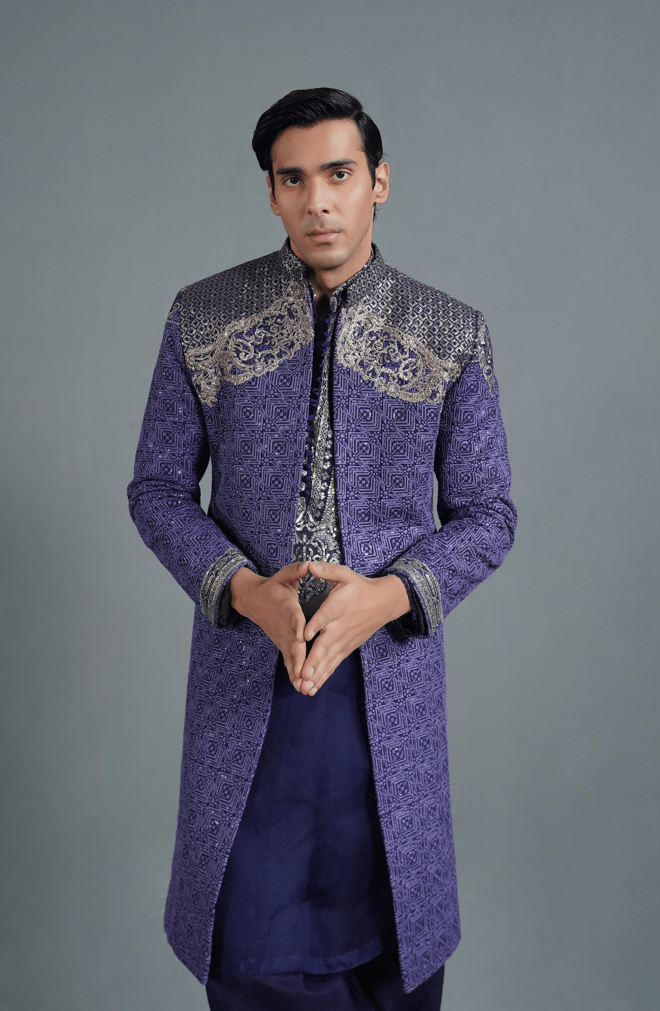 Midnight Purple Embroidered Silk Sherwani (3-Piece) - Image 1