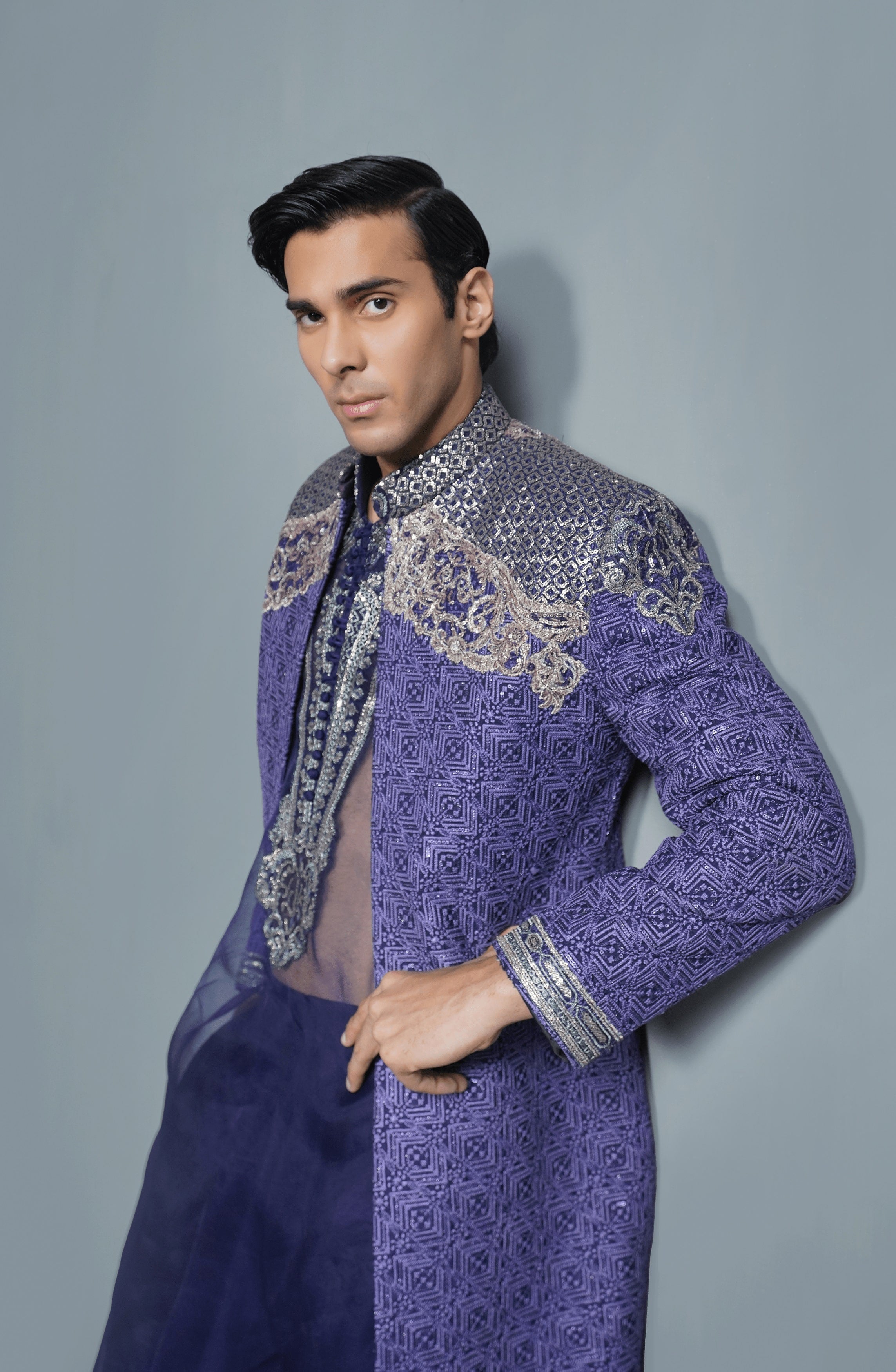 Midnight Purple Embroidered Silk Sherwani (3-Piece) - Image 2
