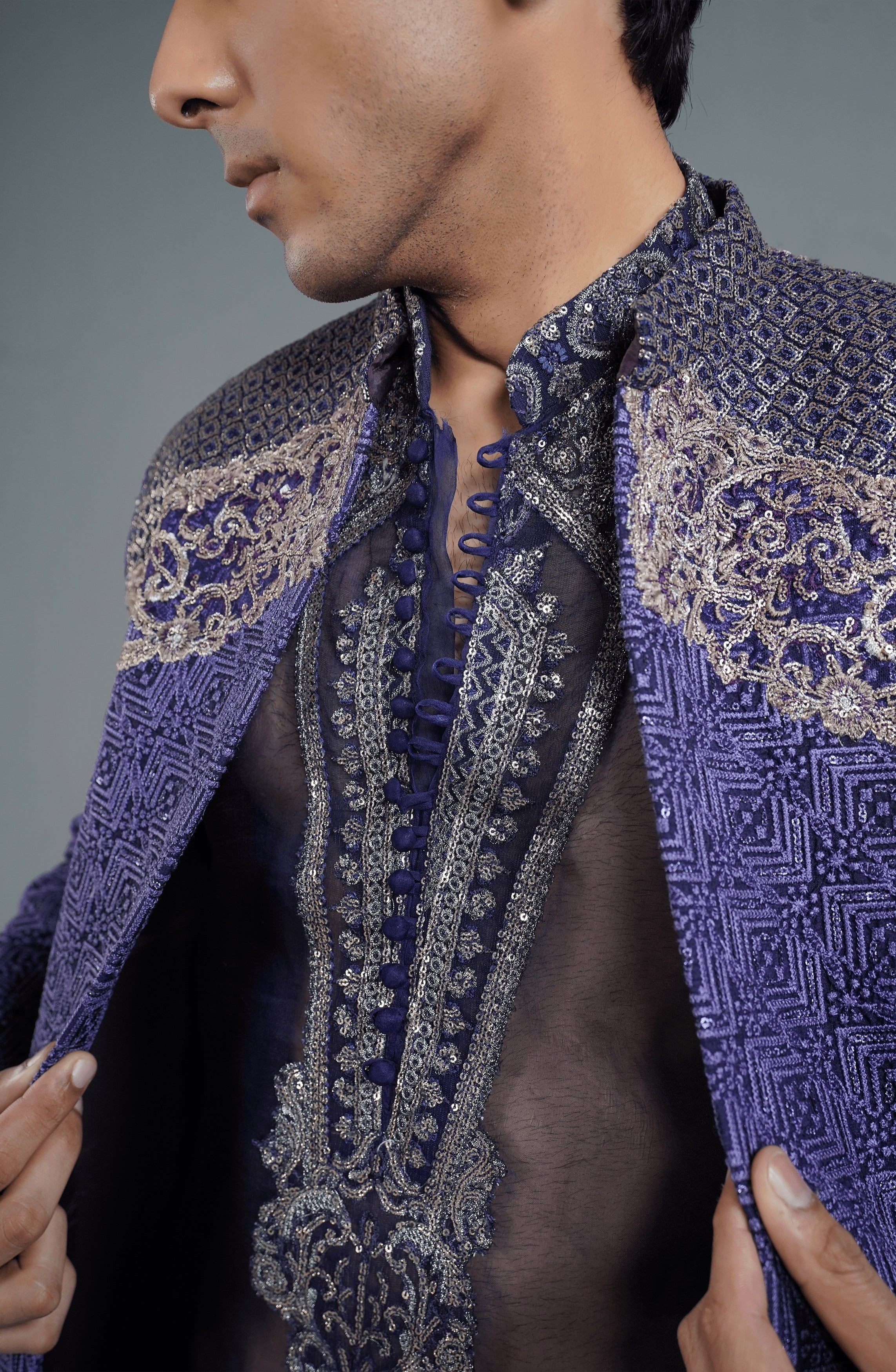 Midnight Purple Embroidered Silk Sherwani (3-Piece) - Image 3