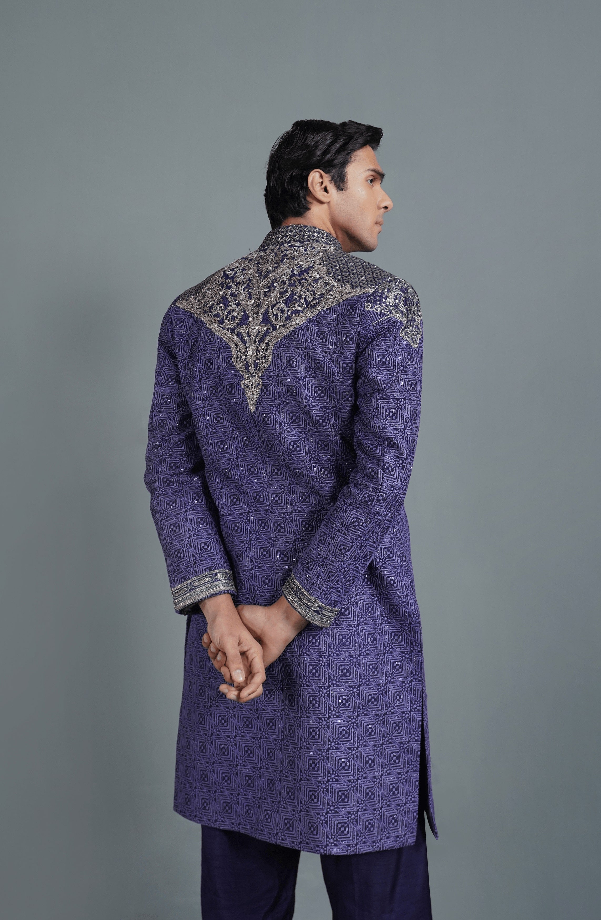 Midnight Purple Embroidered Silk Sherwani (3-Piece) - Image 4