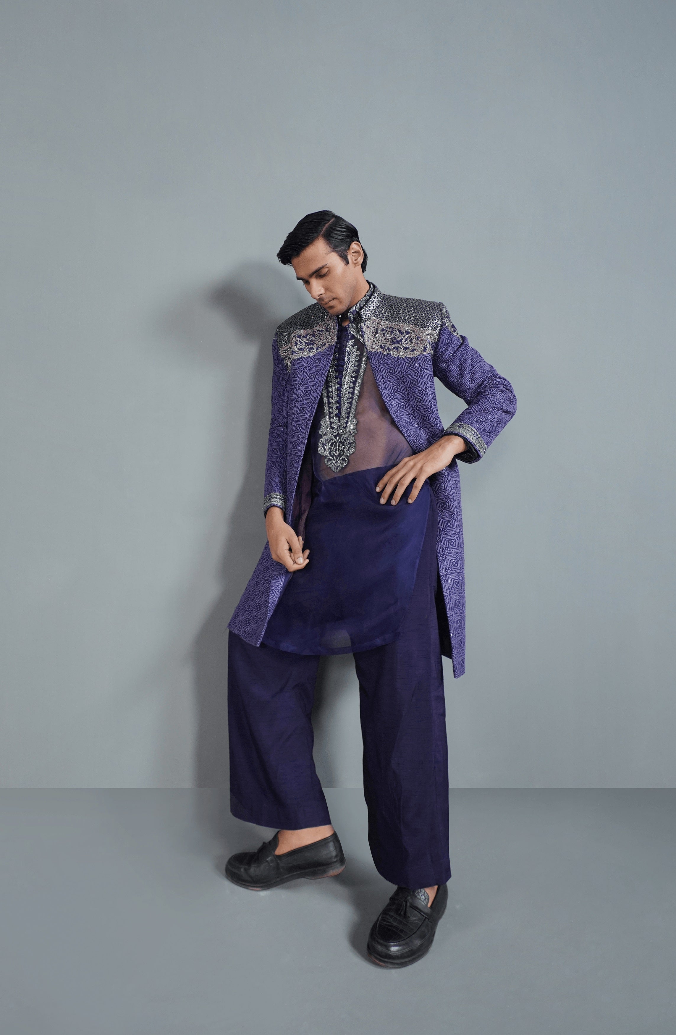Midnight Purple Embroidered Silk Sherwani (3-Piece) - Image 5