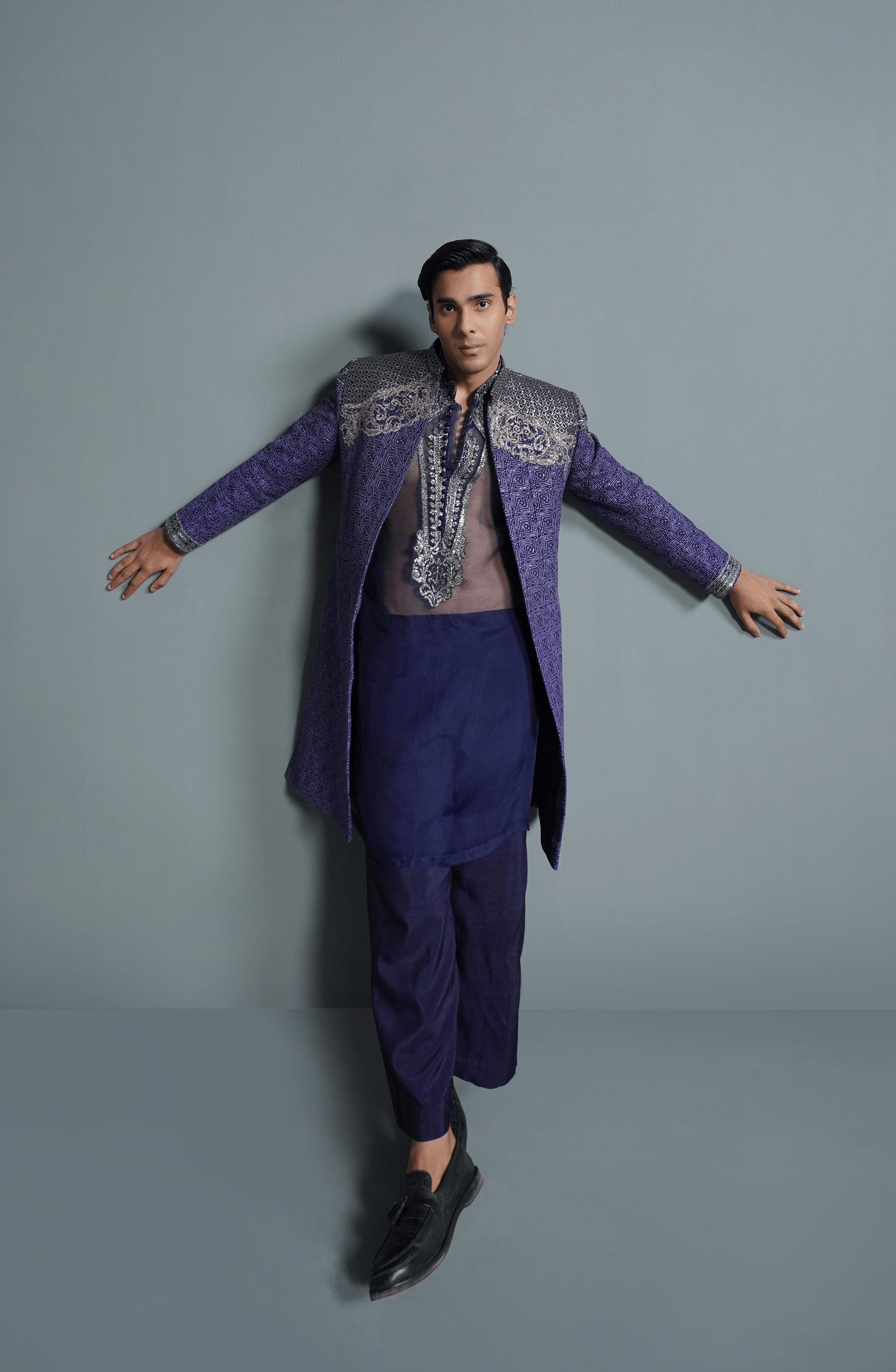 Midnight Purple Embroidered Silk Sherwani (3-Piece) - Image 6