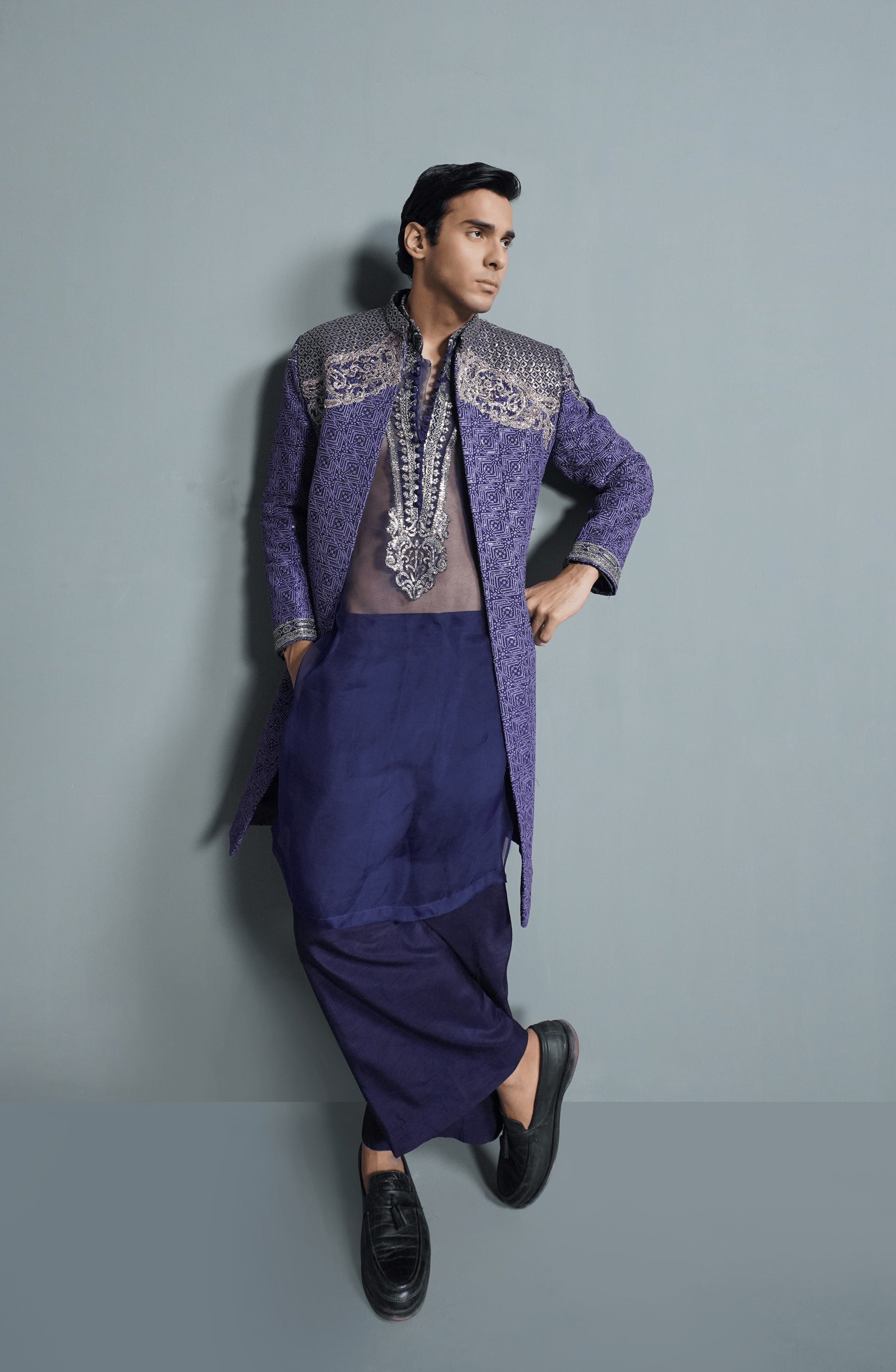 Midnight Purple Embroidered Silk Sherwani (3-Piece) - Image 7