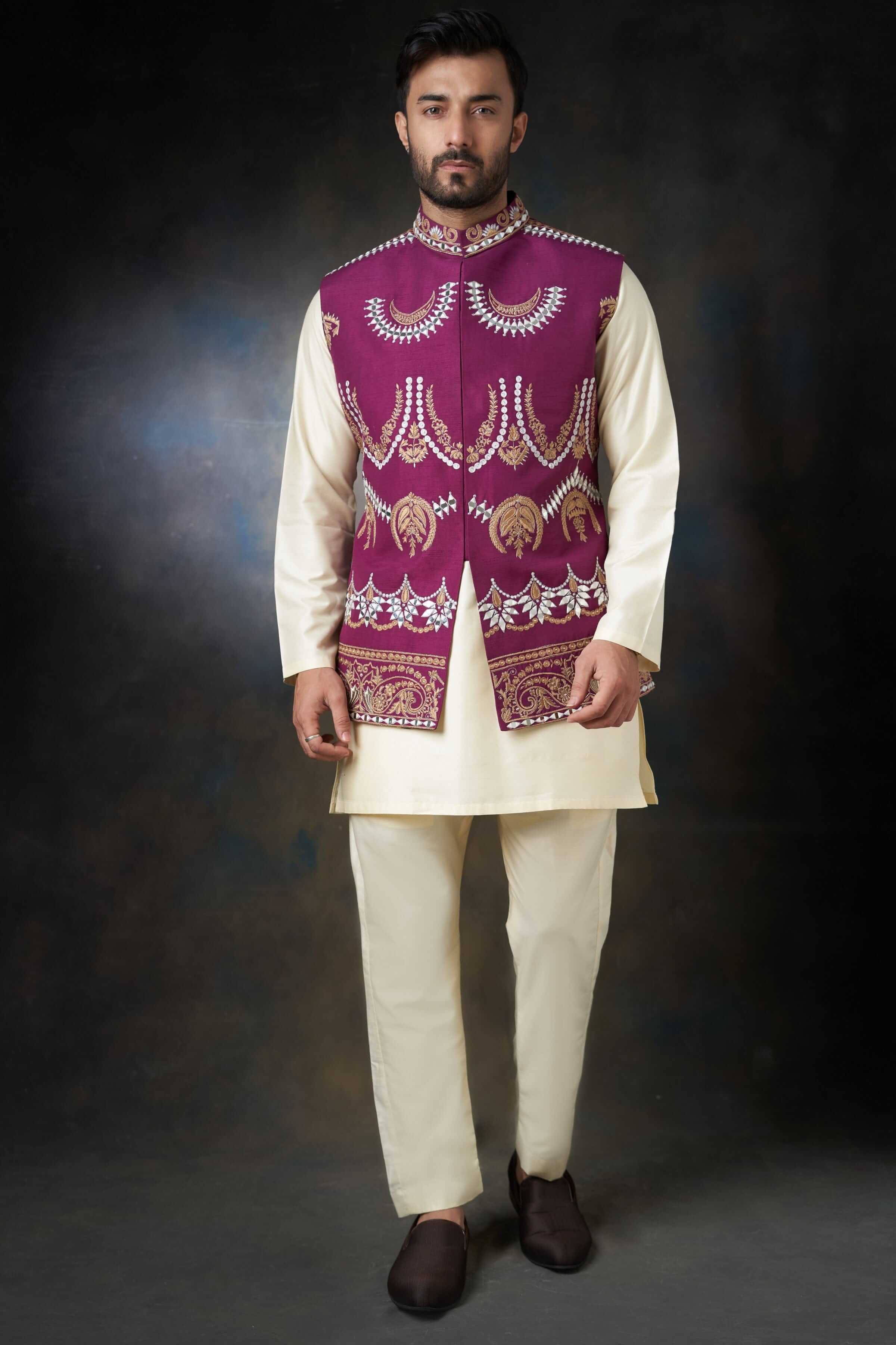 Tyrian Purple Embroidered Waistcoat Cotton Kurta Set (3-Piece) - Image 1