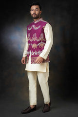 Tyrian Purple Embroidered Waistcoat Cotton Kurta Set (3-Piece) - Image 3