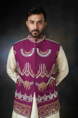 Tyrian Purple Embroidered Waistcoat Cotton Kurta Set (3-Piece) - Image 4