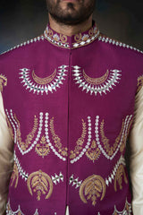 Tyrian Purple Embroidered Waistcoat Cotton Kurta Set (3-Piece) - Image 5
