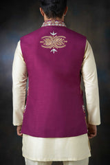 Tyrian Purple Embroidered Waistcoat Cotton Kurta Set (3-Piece) - Image 6