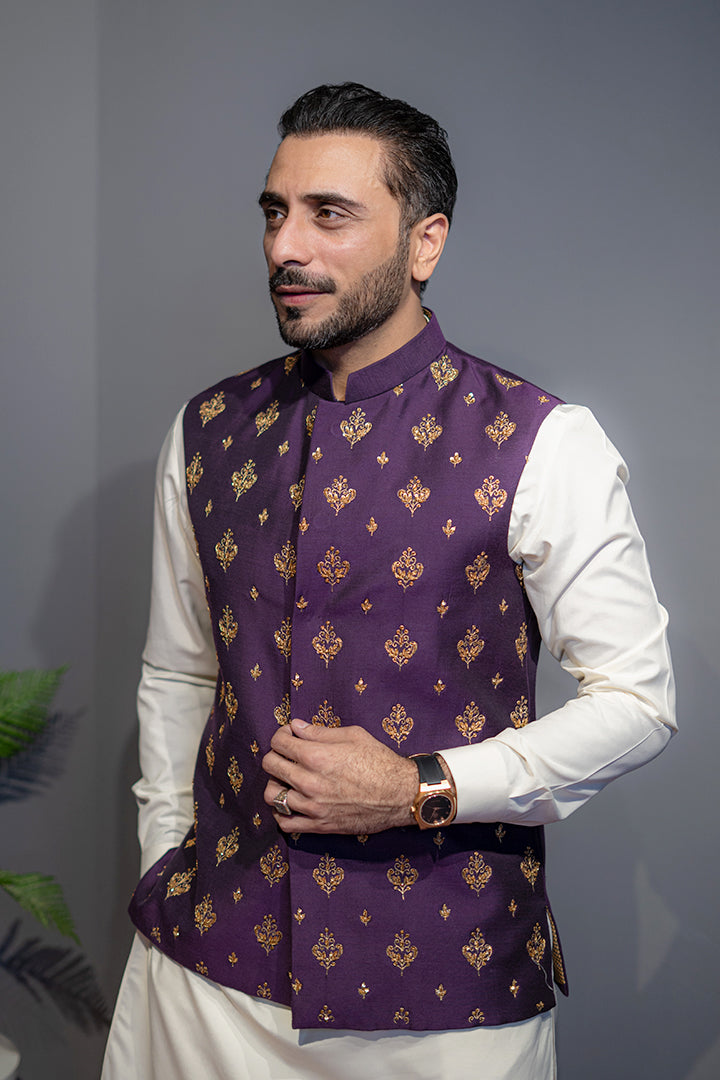 Purple Gold Motif Cotton Silk Waistcoat (3-Piece) - Image 2